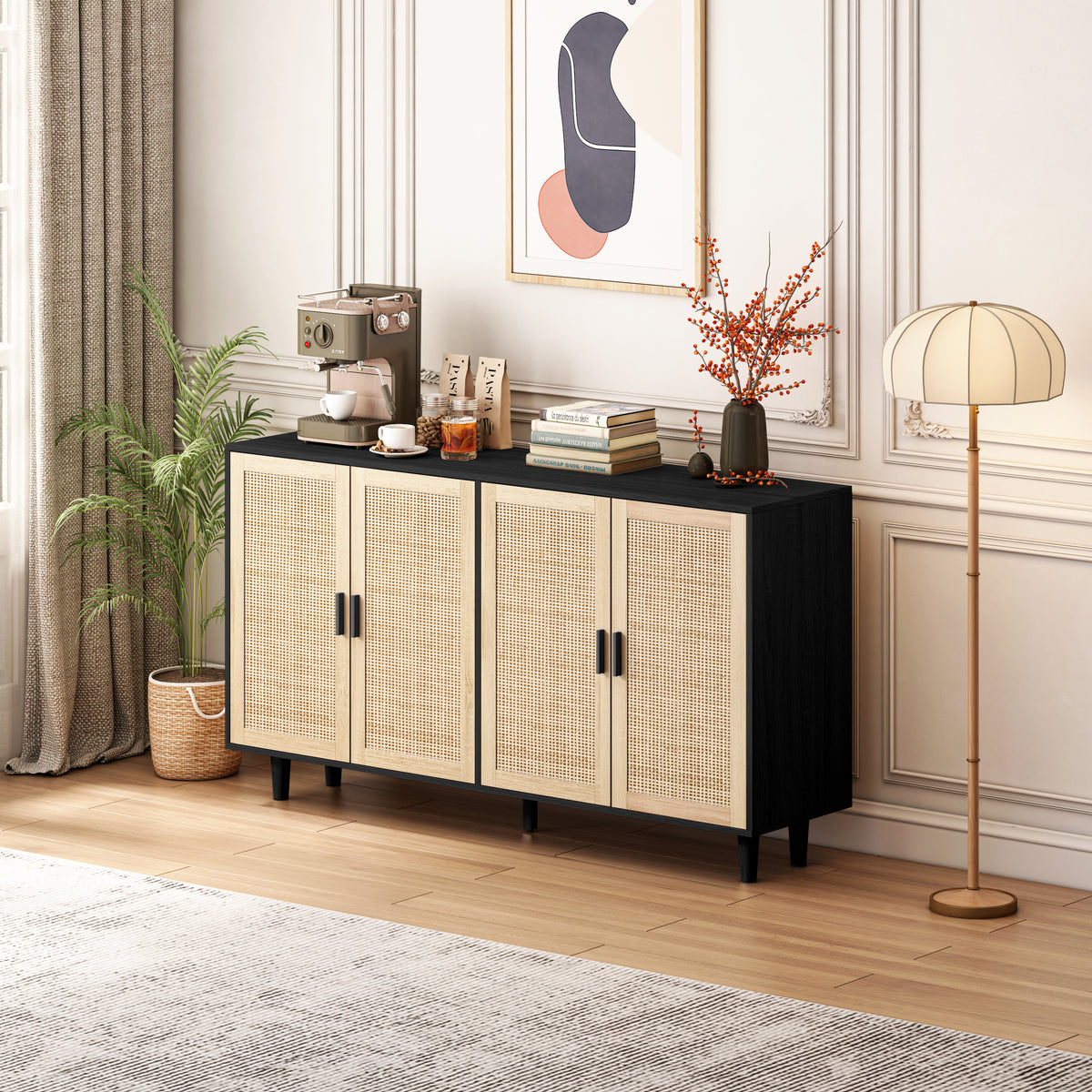 Nøordka Light Sideboard Default 62" Elegant Rattan Storage Cabinet With Dark Accents