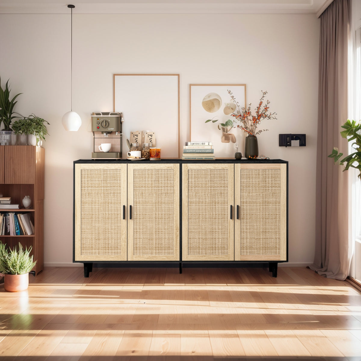 Nøordka Light Sideboard Default 62" Elegant Rattan Storage Cabinet With Dark Accents
