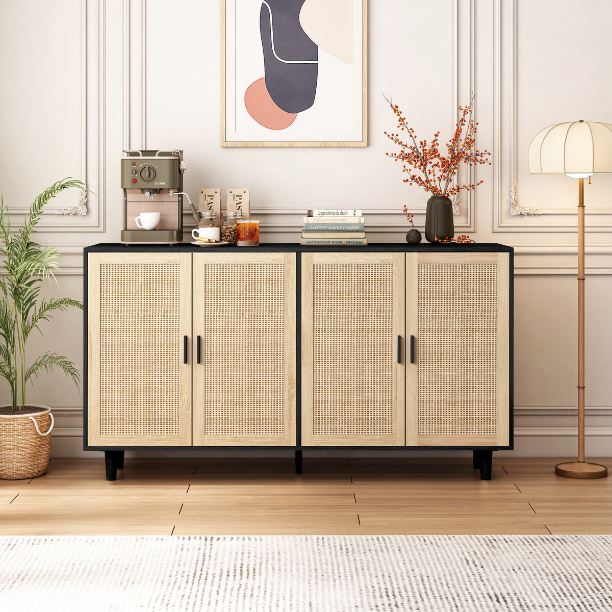 Nøordka Light Sideboard Default 62" Elegant Rattan Storage Cabinet With Dark Accents