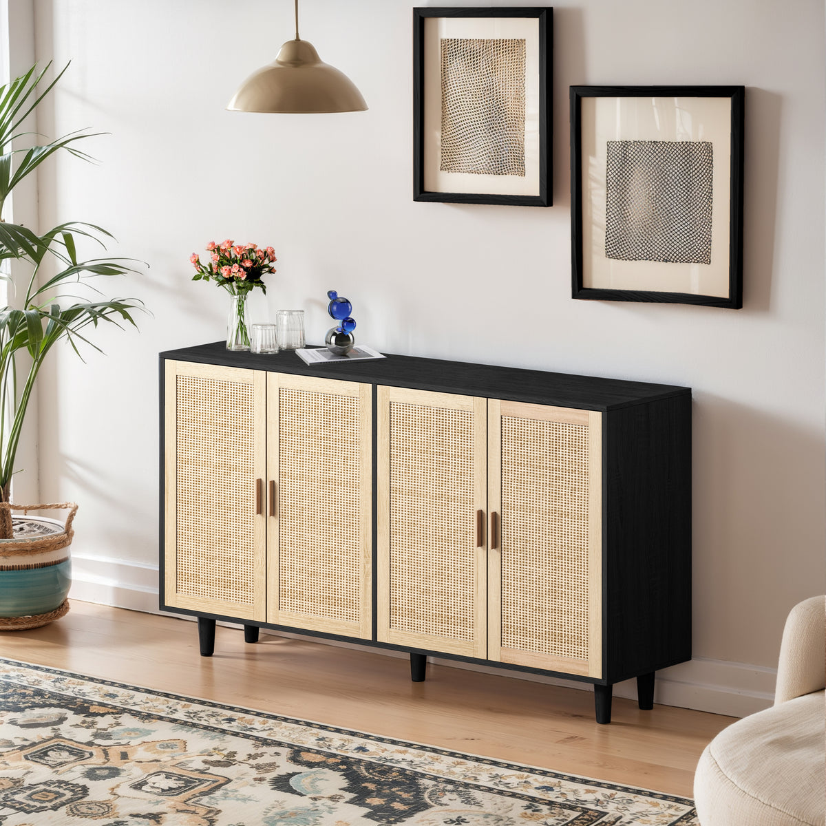 Nøordka Light Sideboard Default 62" Elegant Rattan Storage Cabinet with Dark Accents