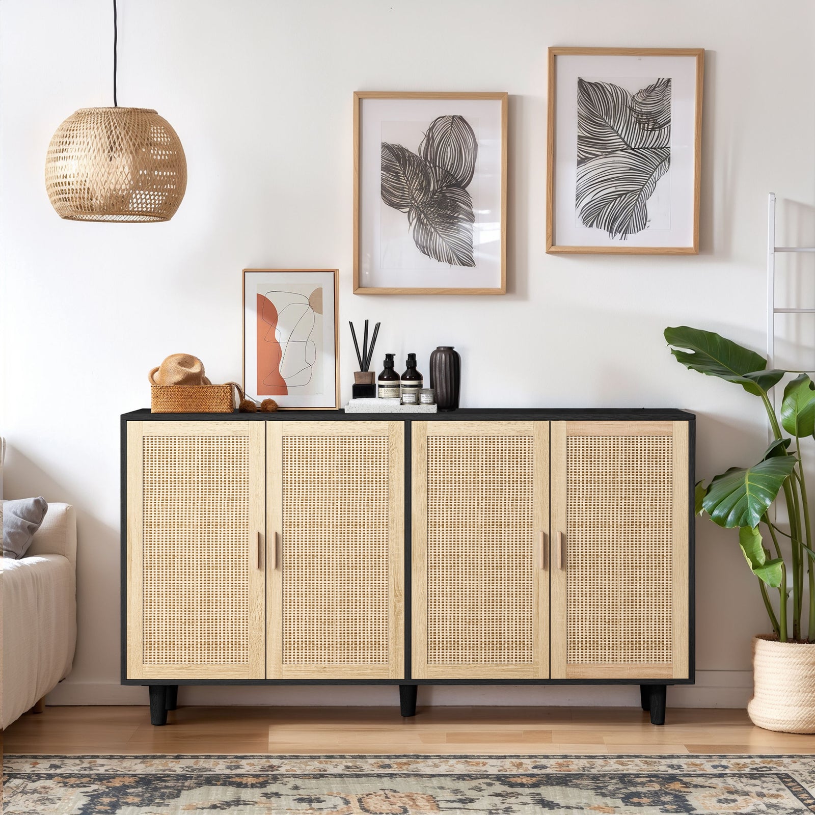 Nøordka Light Sideboard Default 62" Elegant Rattan Storage Cabinet with Dark Accents