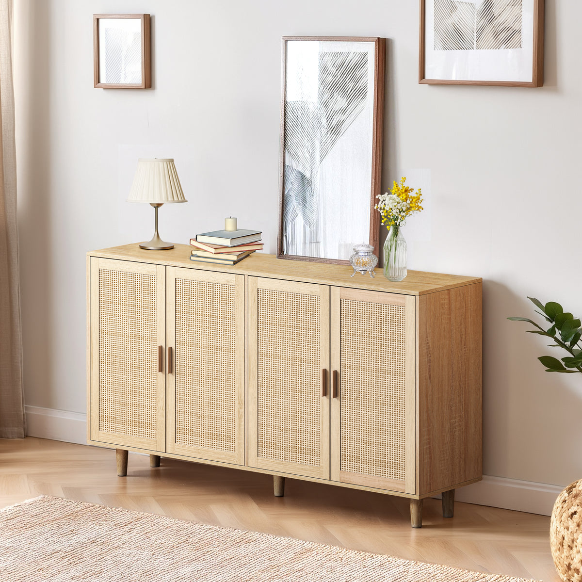 Nøordka Light Sideboard Default 62" Neutral Tone Elegant 4 Door Rattan Cabinet