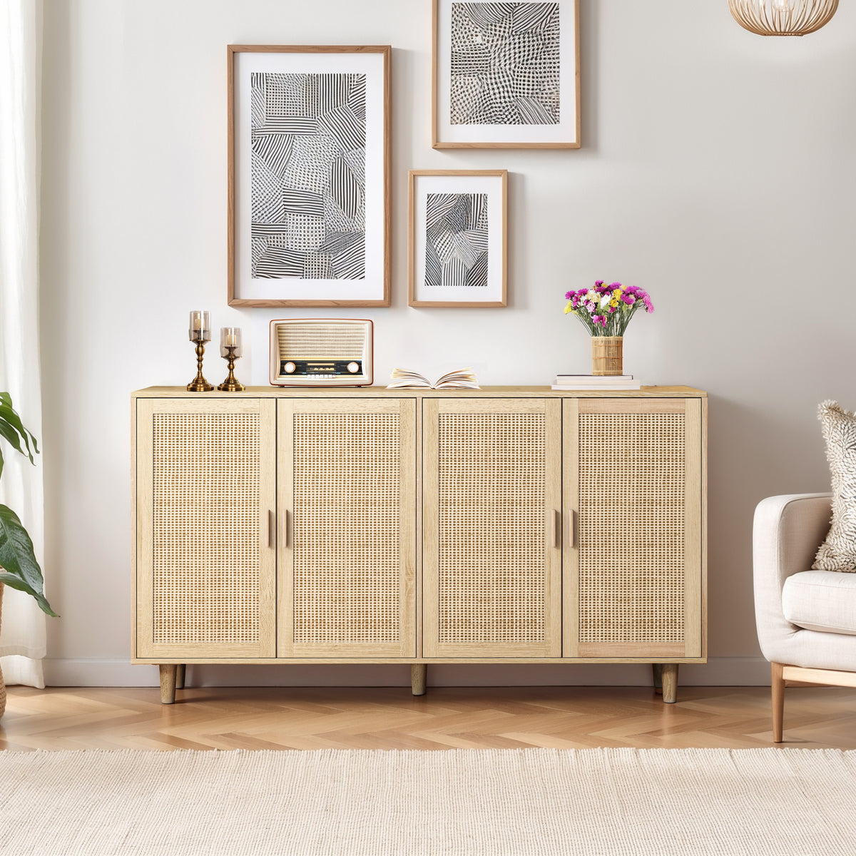 Nøordka Light Sideboard Default 62" Neutral Tone Elegant 4 Door Rattan Cabinet