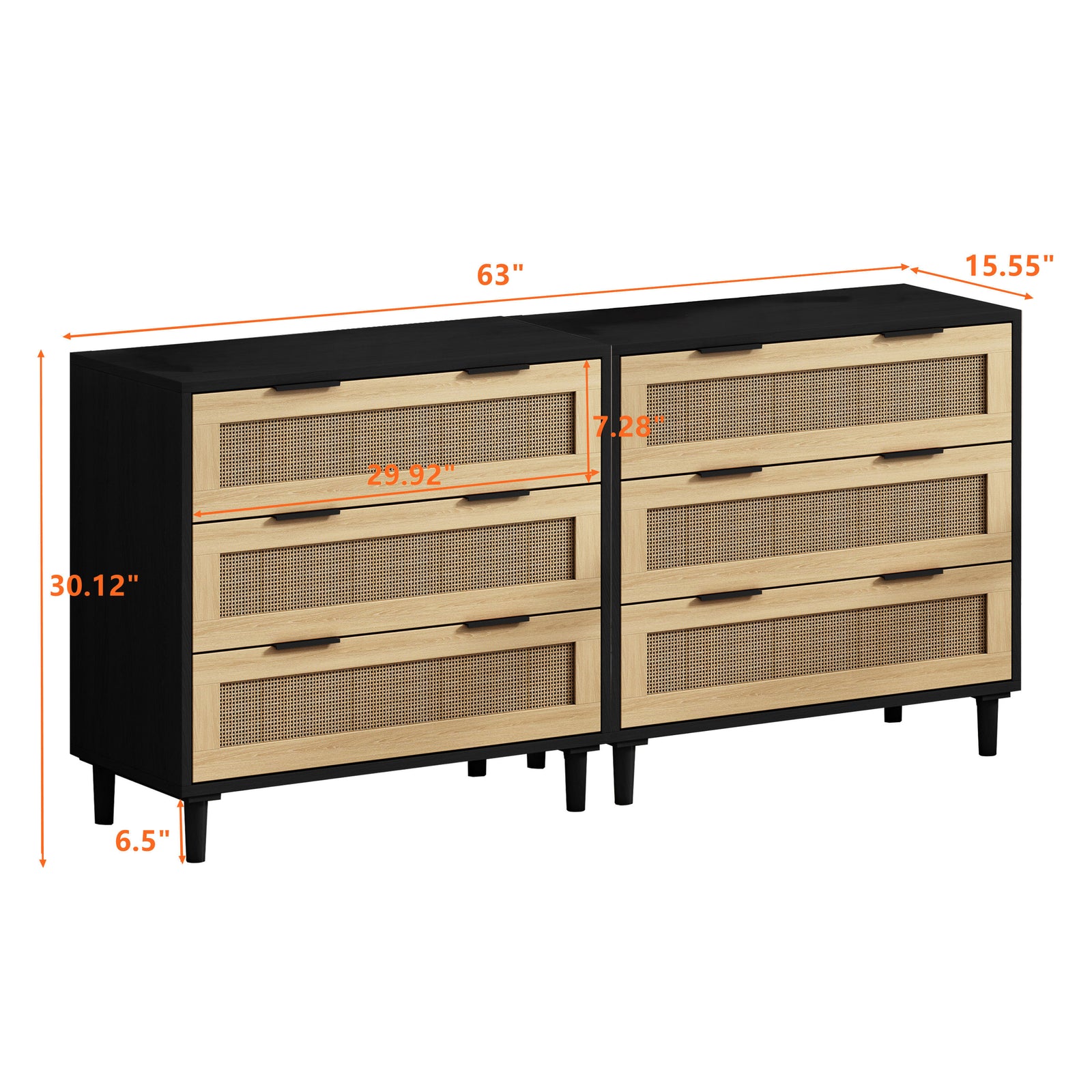 Nøordka Light Sideboard Default 63" Mid Century Modern Rattan Storage Cabinet in Natural Tone With Black Accents