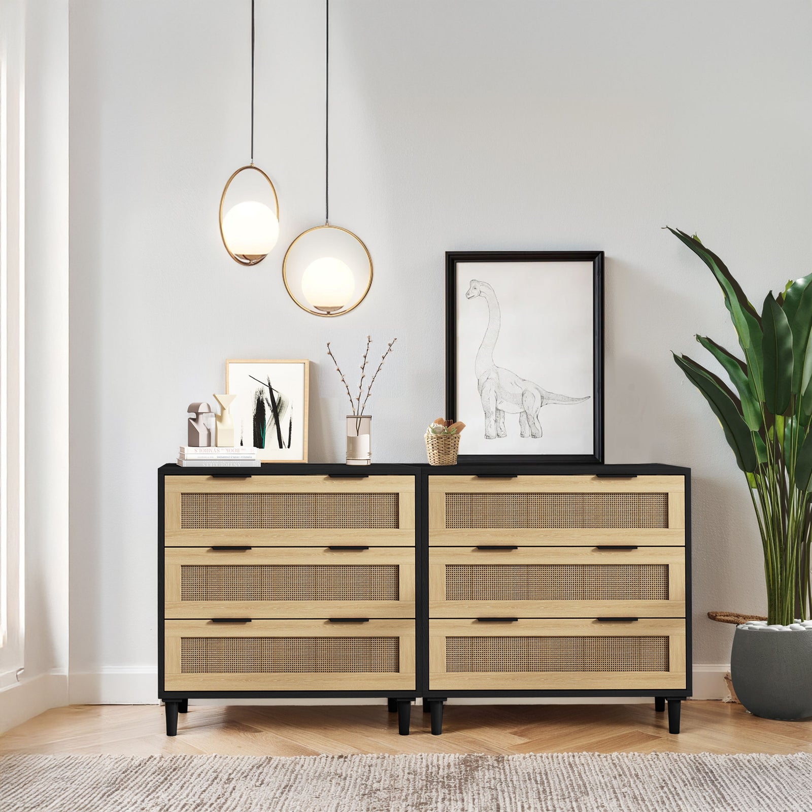 Nøordka Light Sideboard Default 63" Mid Century Modern Rattan Storage Cabinet in Natural Tone With Black Accents