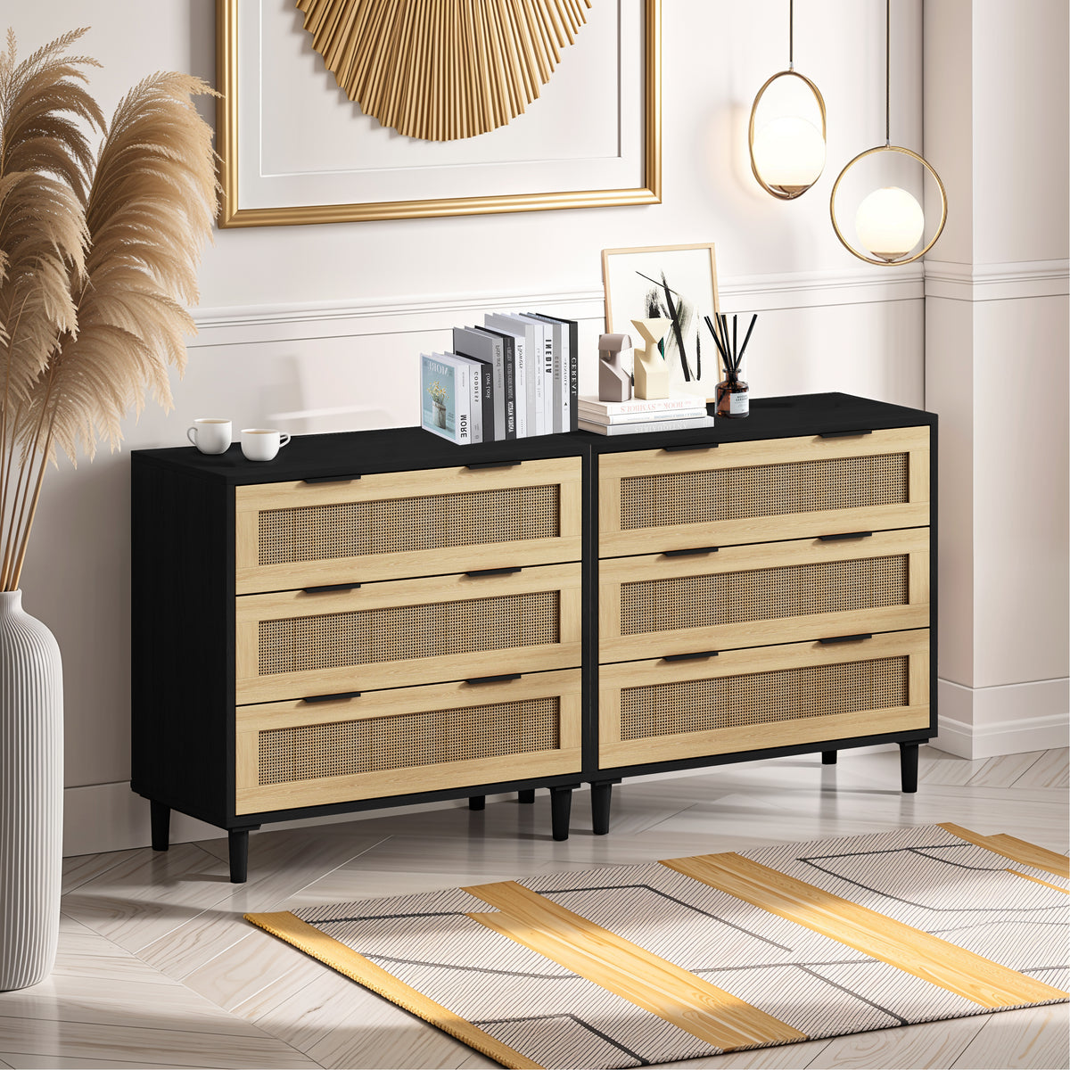 Nøordka Light Sideboard Default 63" Mid Century Modern Rattan Storage Cabinet in Natural Tone With Black Accents