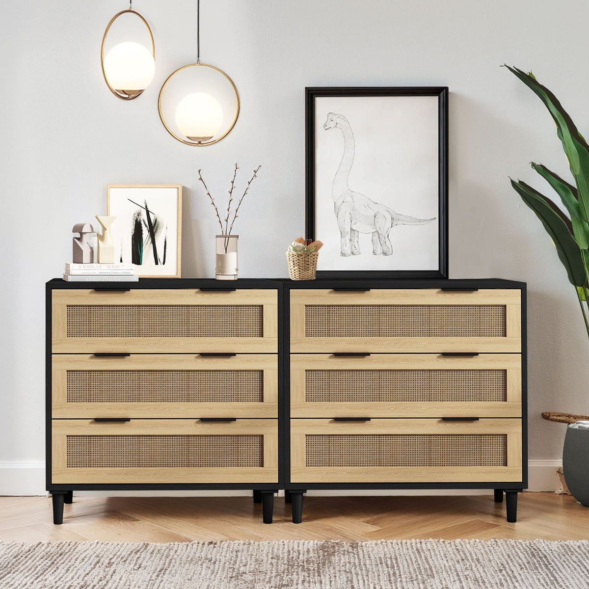Nøordka Light Sideboard Default 63" Mid Century Modern Rattan Storage Cabinet in Natural Tone With Black Accents