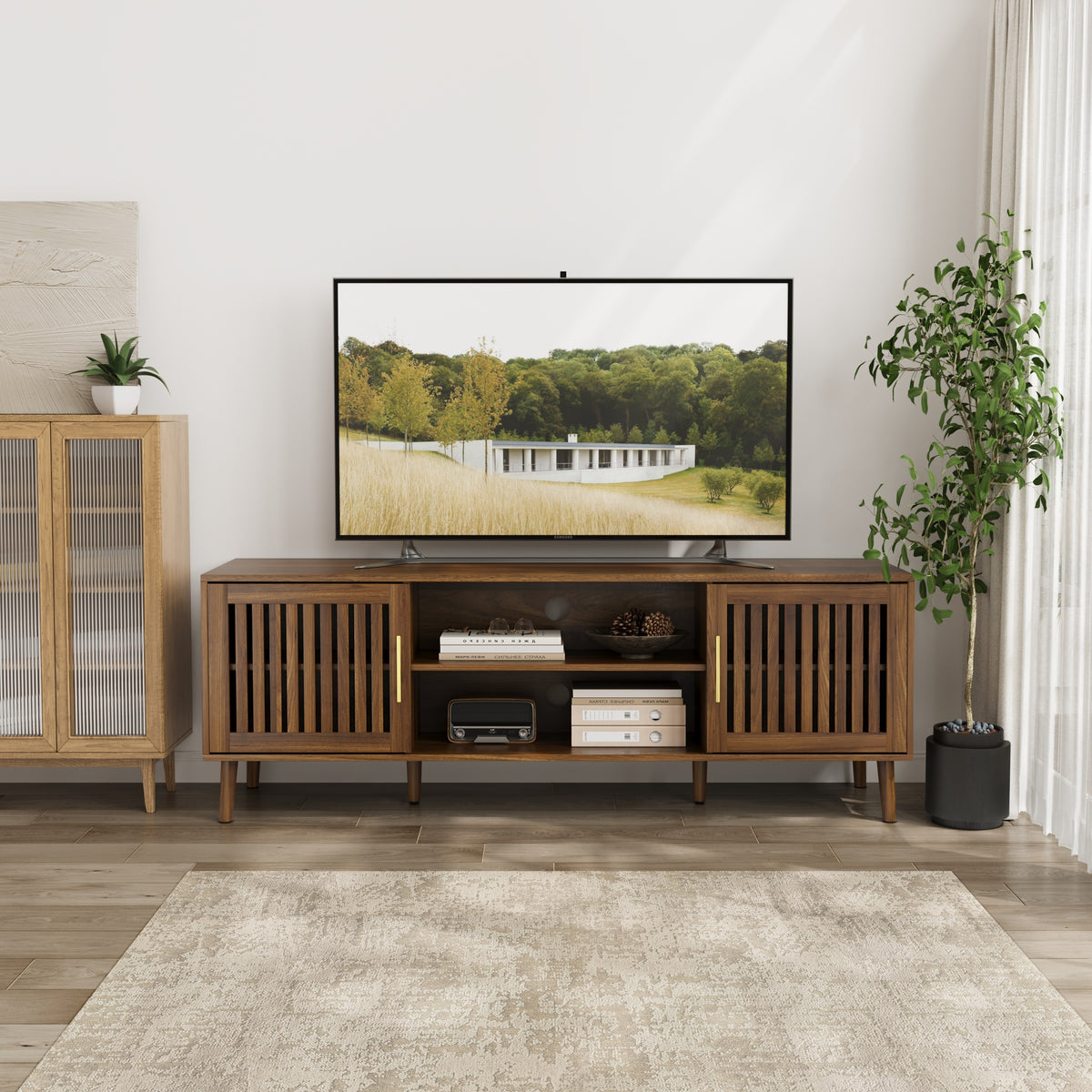 Nøordka Light Sideboard Default 63" Walnut Wood TV Stand &amp; Entertainment Center for 55 to 70 Inch TVs