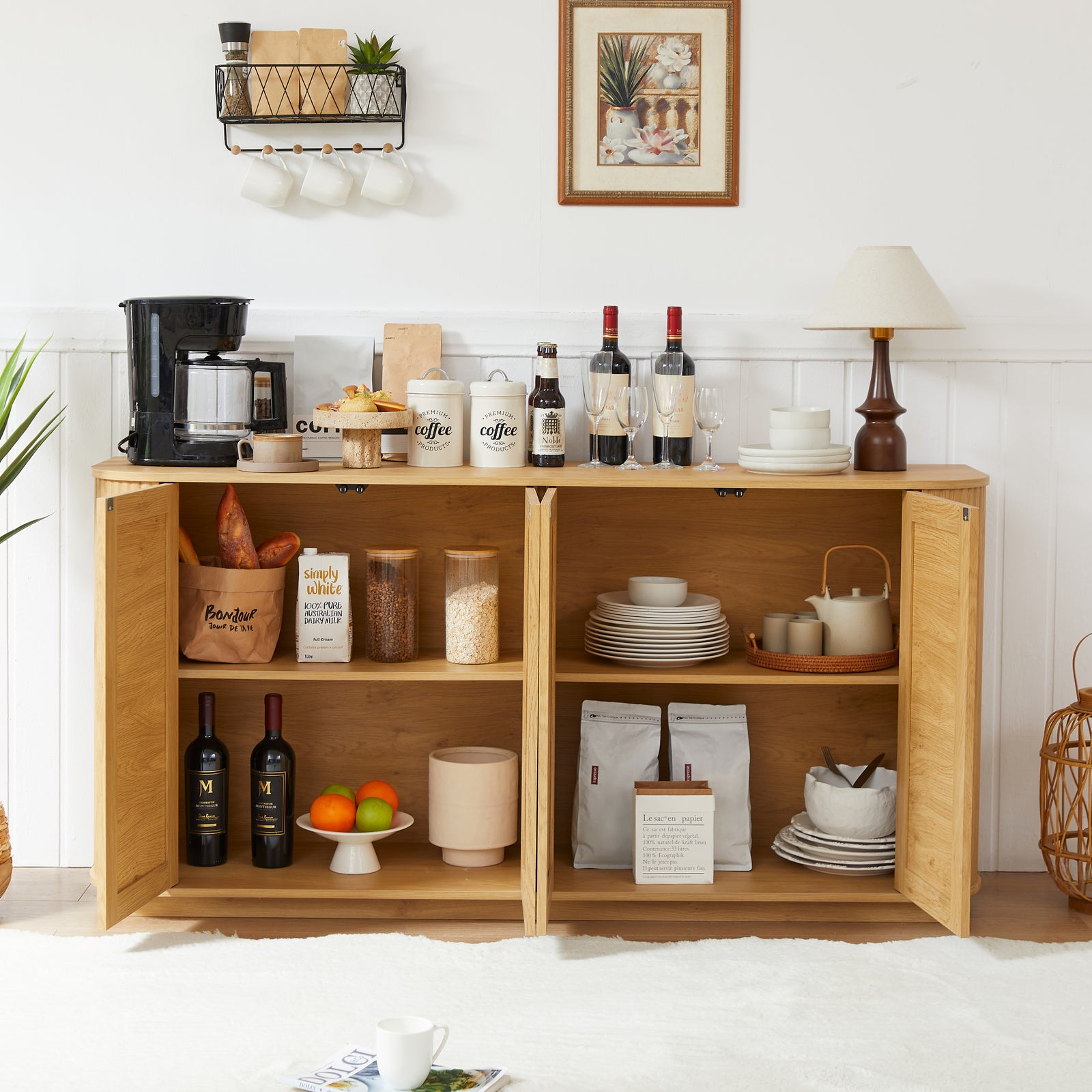 Nøordka Light Sideboard Default 64" Wave Shaped TV Stand & Entertainment Center with Rattan Doors