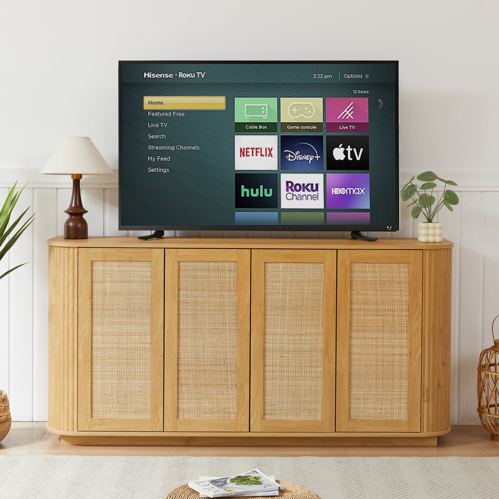 Nøordka Light Sideboard Default 64" Wave Shaped TV Stand & Entertainment Center with Rattan Doors