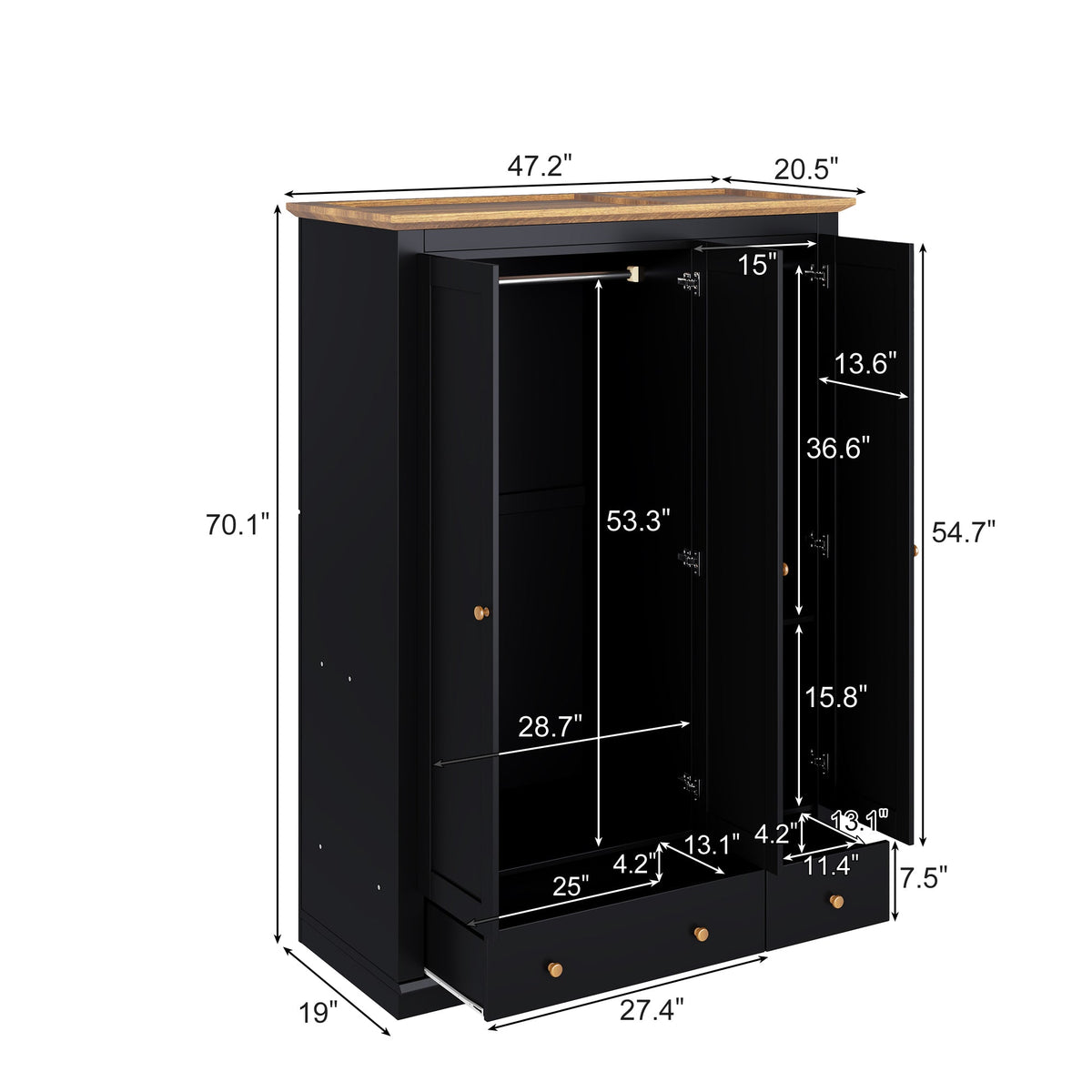 Nøordka Light Sideboard Default 70" Black Mid Century Modern Wood 3 Door Armoire Wardrobe Closet