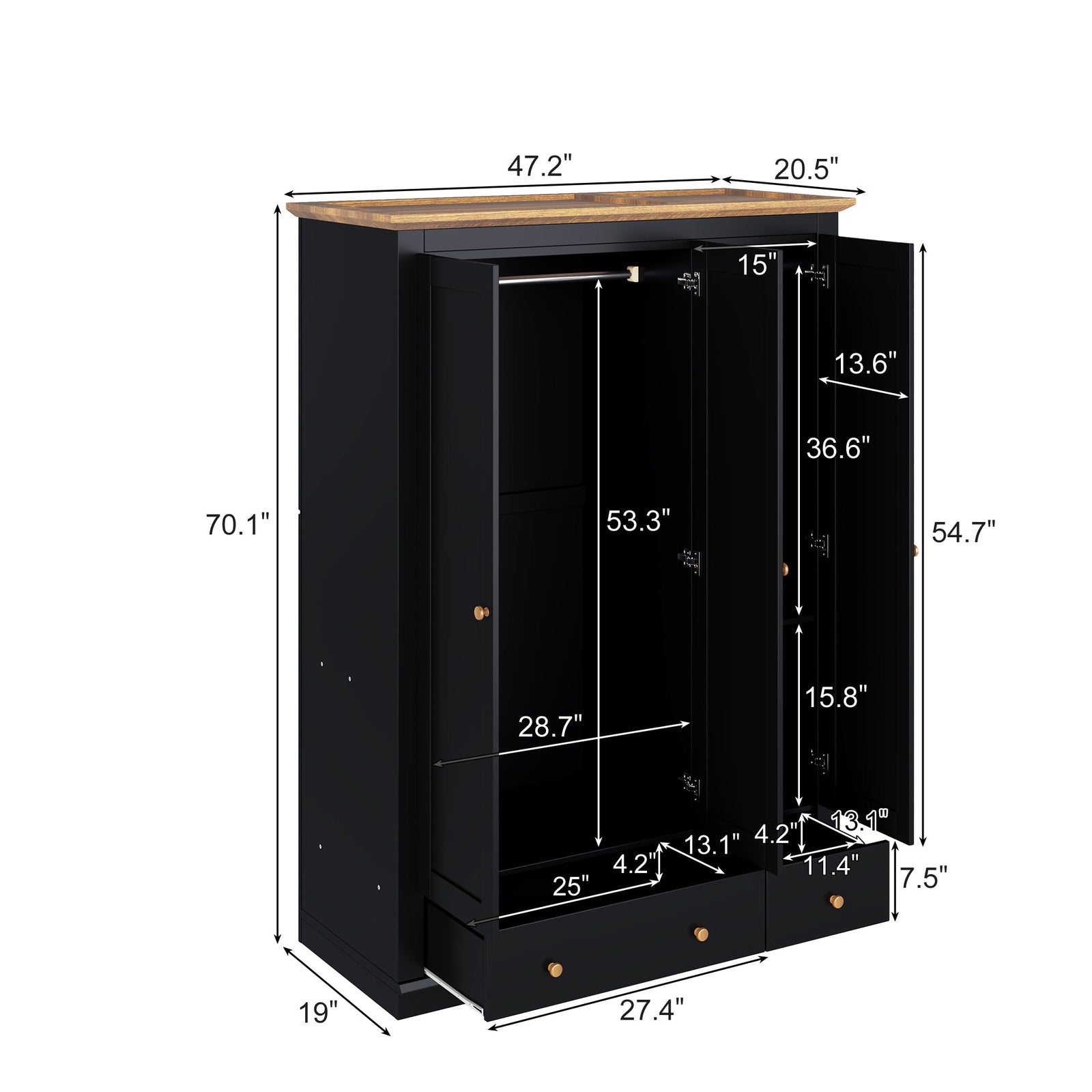 Nøordka Light Sideboard Default 70" Black Mid Century Modern Wood 3 Door Armoire Wardrobe Closet