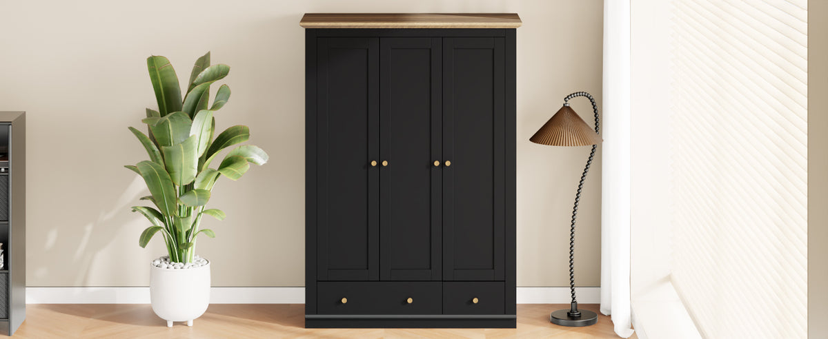 Nøordka Light Sideboard Default 70" Black Mid Century Modern Wood 3 Door Armoire Wardrobe Closet