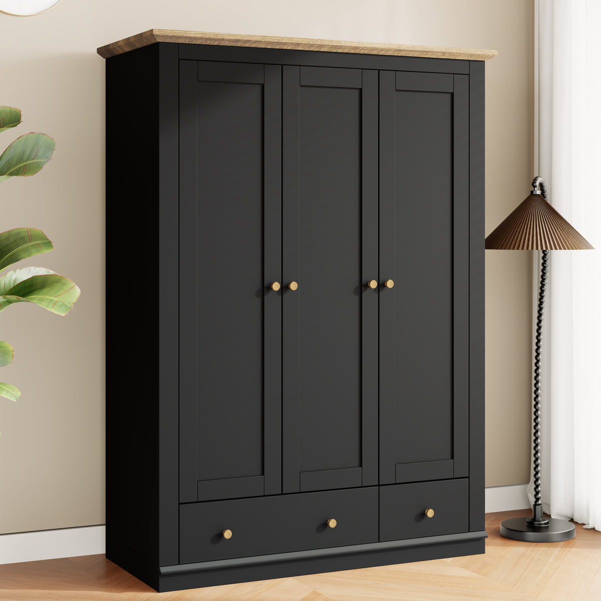 Nøordka Light Sideboard Default 70" Black Mid Century Modern Wood 3 Door Armoire Wardrobe Closet
