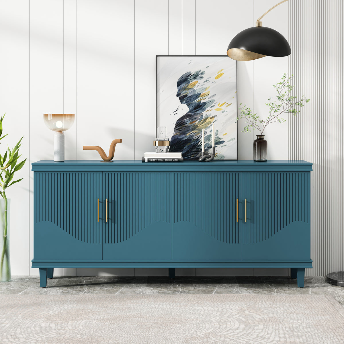 Nøordka Light Sideboard Default 70" Olive Green 4-Door Wood Cabinet with Waved Lines