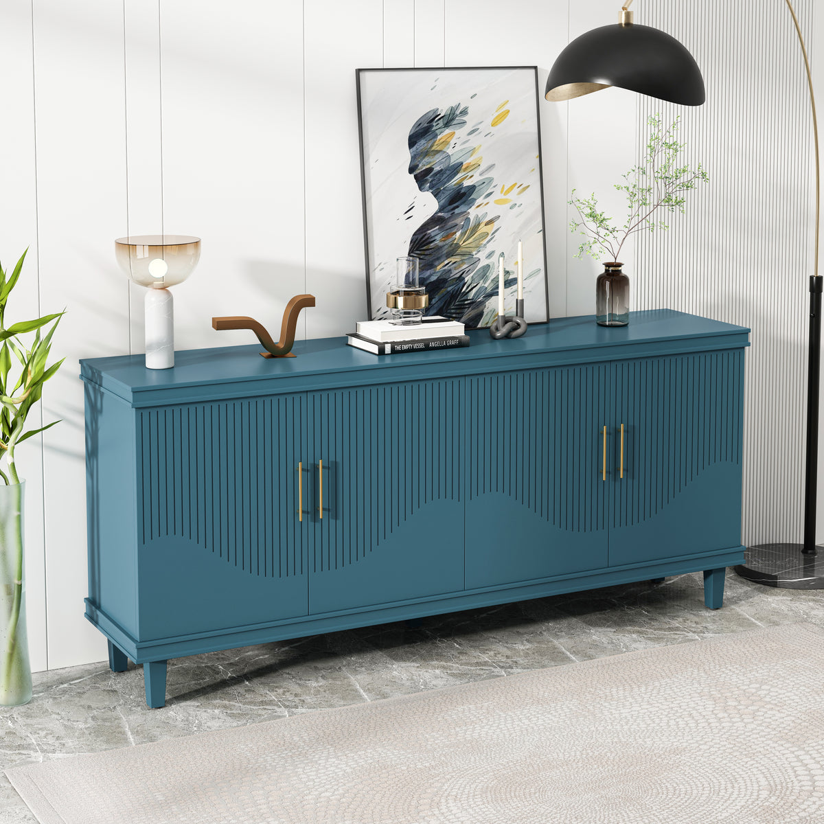 Nøordka Light Sideboard Default 70" Olive Green 4-Door Wood Cabinet with Waved Lines