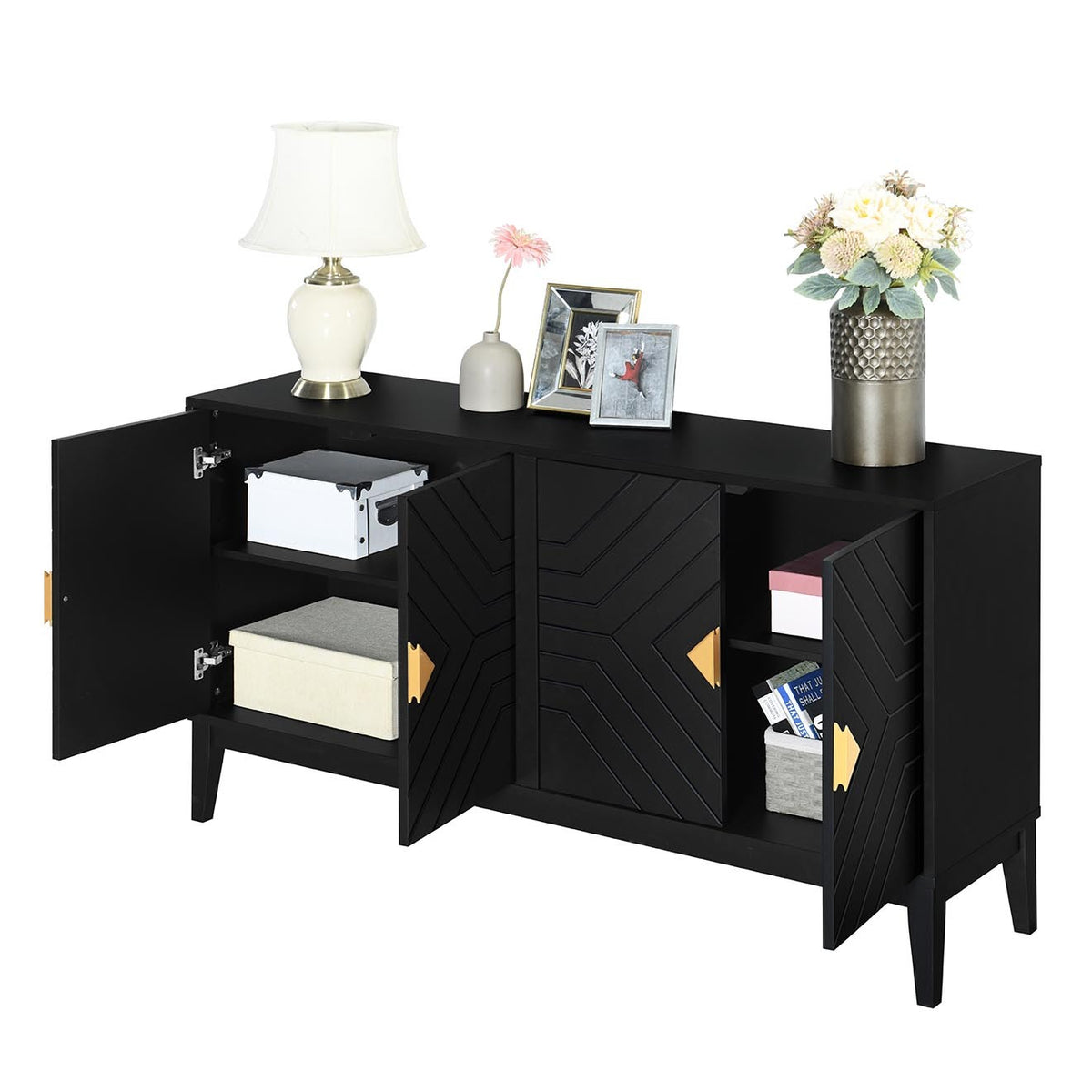 Nøordka Light Sideboard Default Black 4-Door Sideboard Storage Cabinet with Gold Handles &amp; Adjustable Shelves