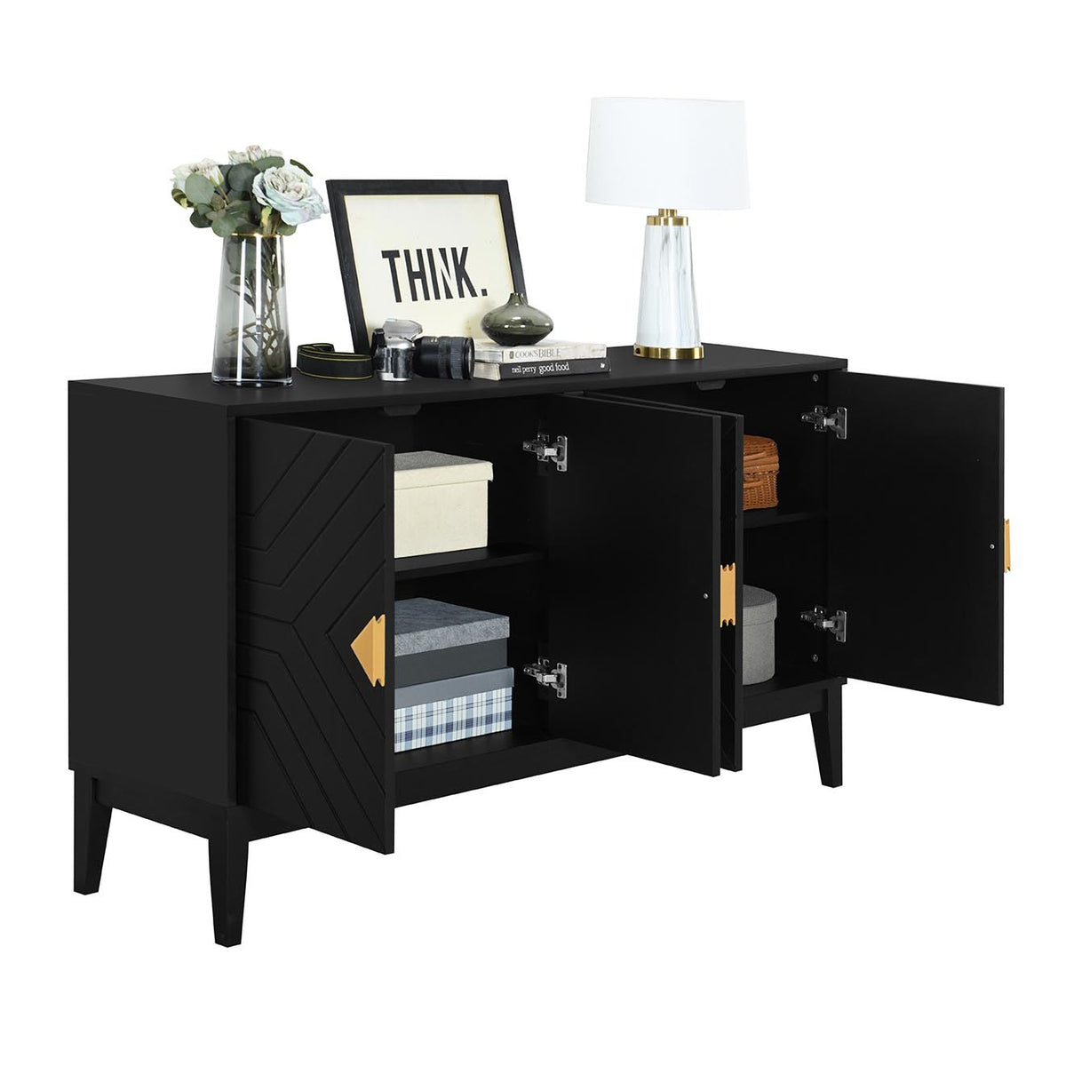 Nøordka Light Sideboard Default Black 4-Door Sideboard Storage Cabinet with Gold Handles &amp; Adjustable Shelves