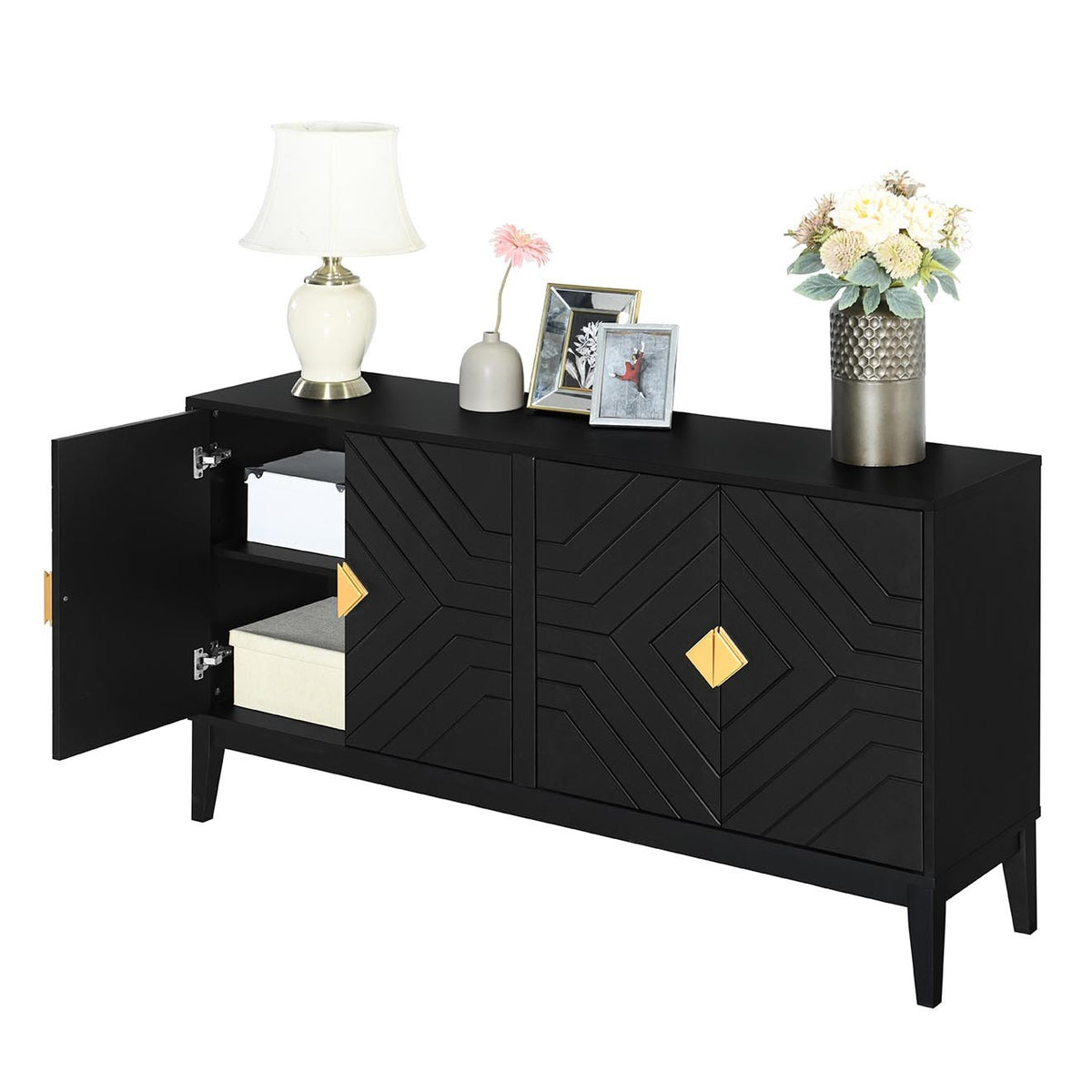 Nøordka Light Sideboard Default Black 4-Door Sideboard Storage Cabinet with Gold Handles &amp; Adjustable Shelves