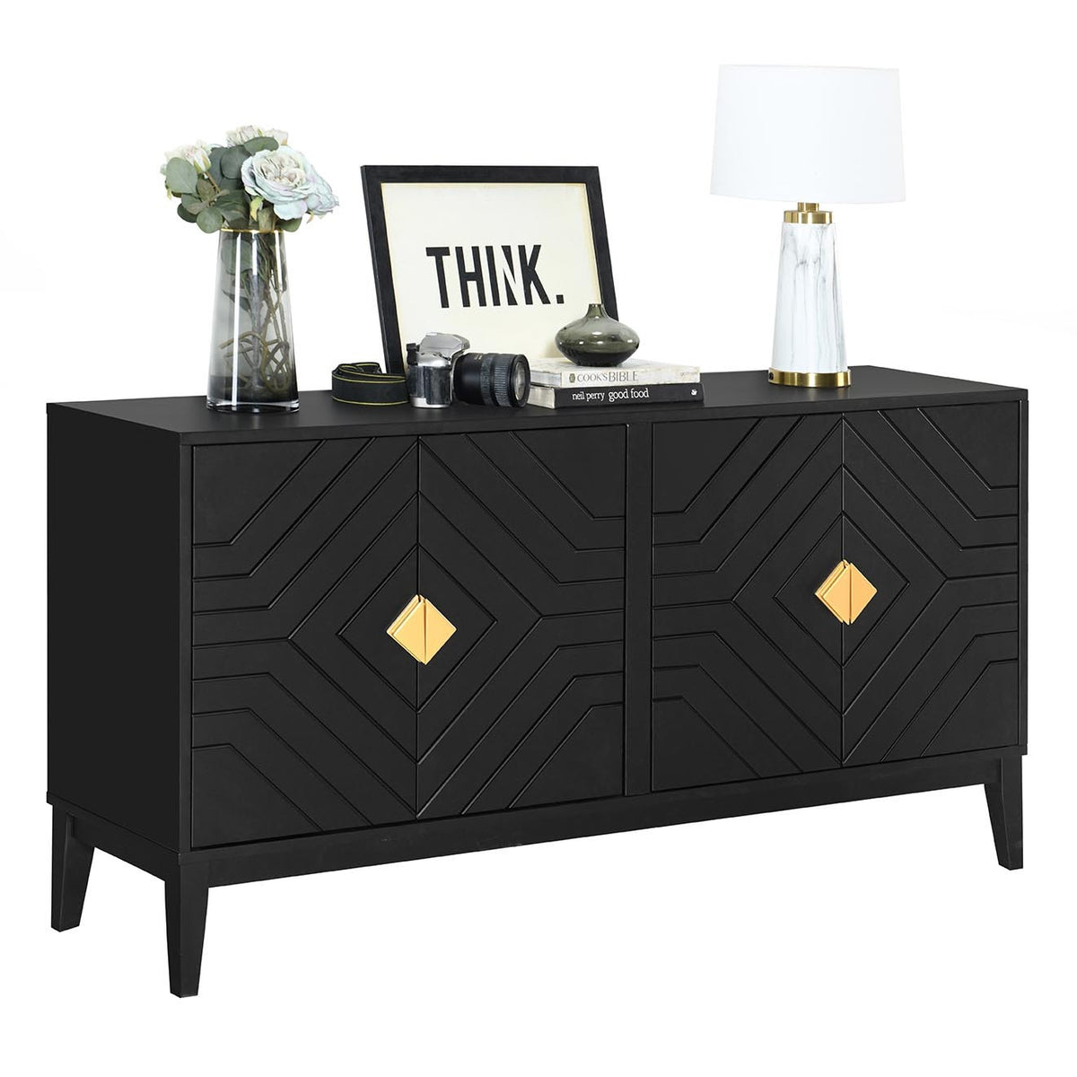 Nøordka Light Sideboard Default Black 4-Door Sideboard Storage Cabinet with Gold Handles &amp; Adjustable Shelves