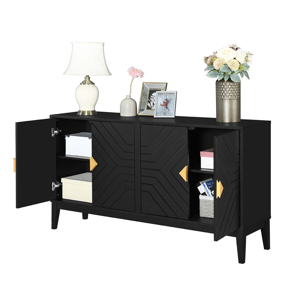 Nøordka Light Sideboard Default Black 4-Door Sideboard Storage Cabinet with Gold Handles &amp; Adjustable Shelves