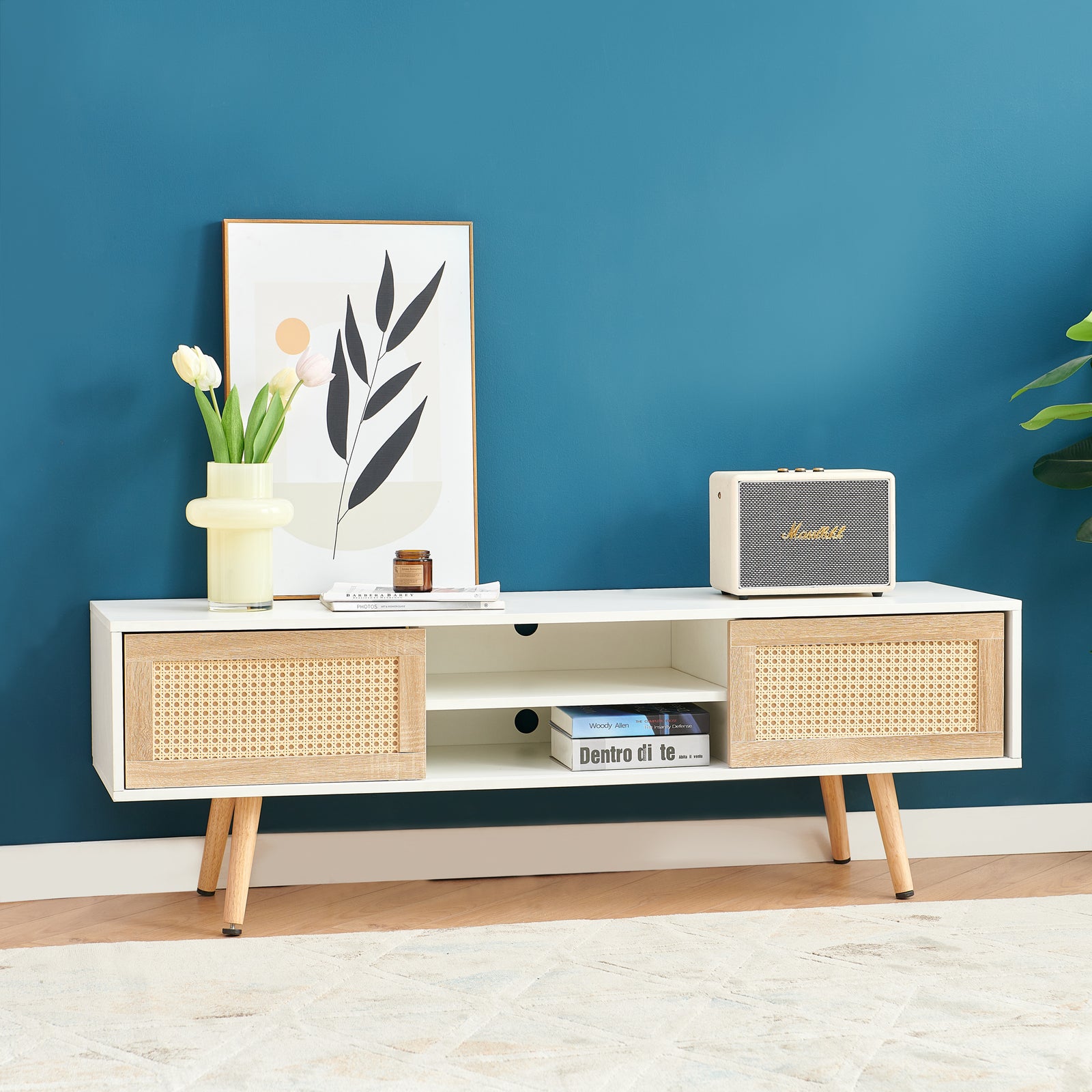 Nøordka Light TV Stand Default 55" White Rattan TV Stand With Double Sliding Doors