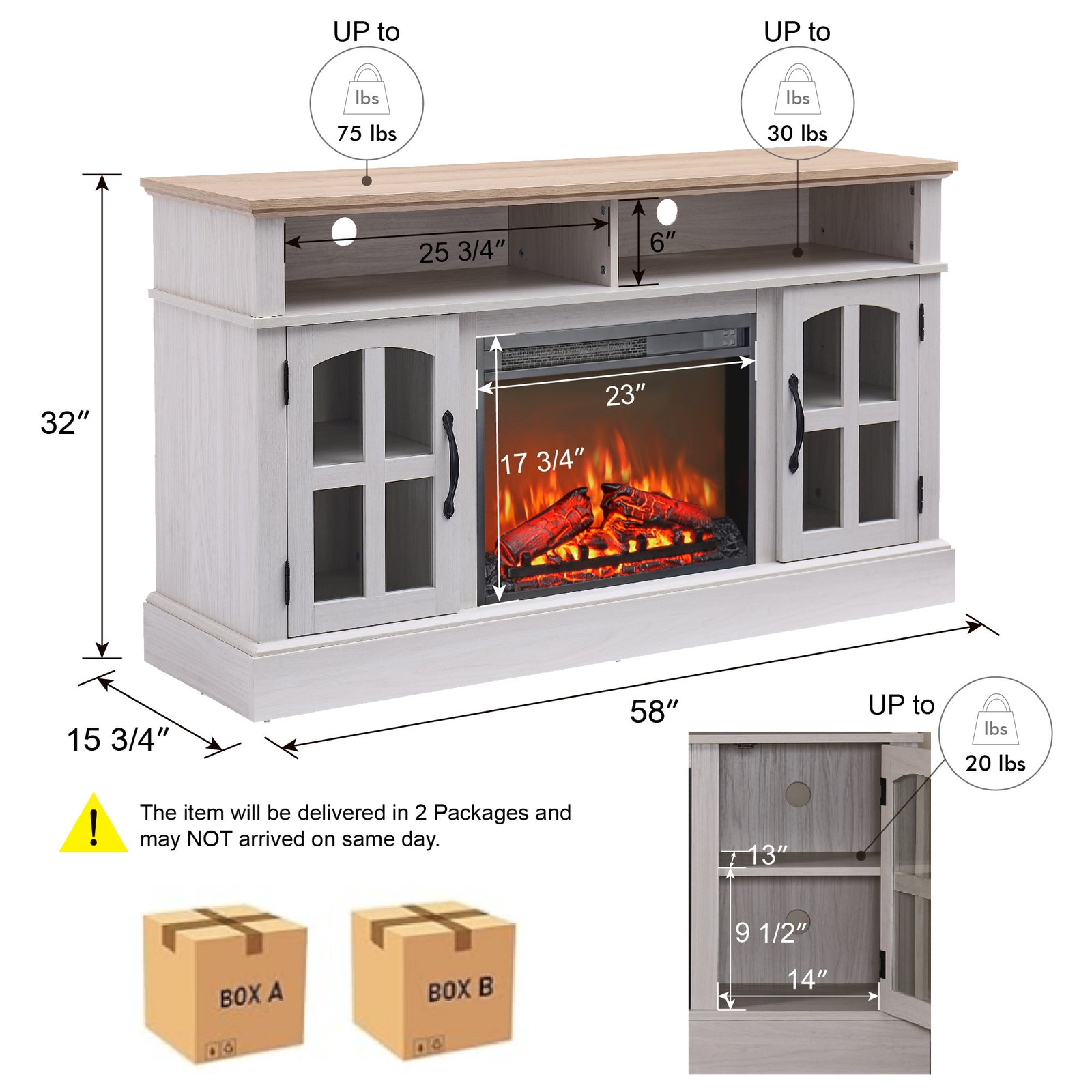 Nøordka Light TV Stand Default 58" Jasmin White Fireplace TV Stand with 23" Electric Fireplace for TVs Up to 70"