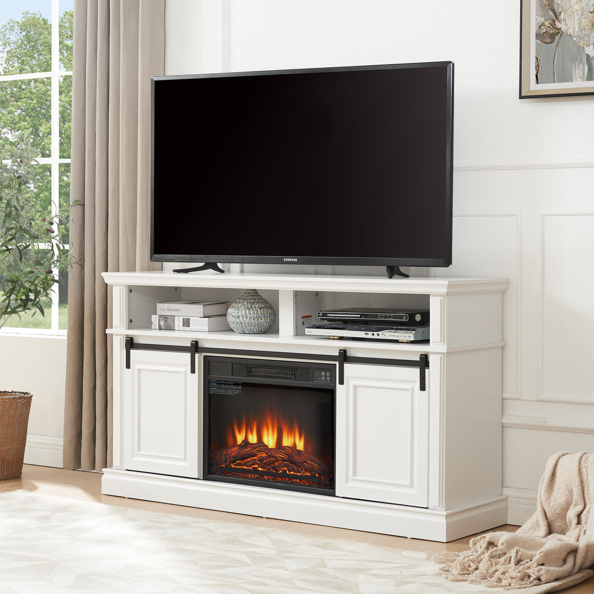 Nøordka Light TV Stand Default 60" Antique White Media Console for TVs up to 65" with Electric Fireplace