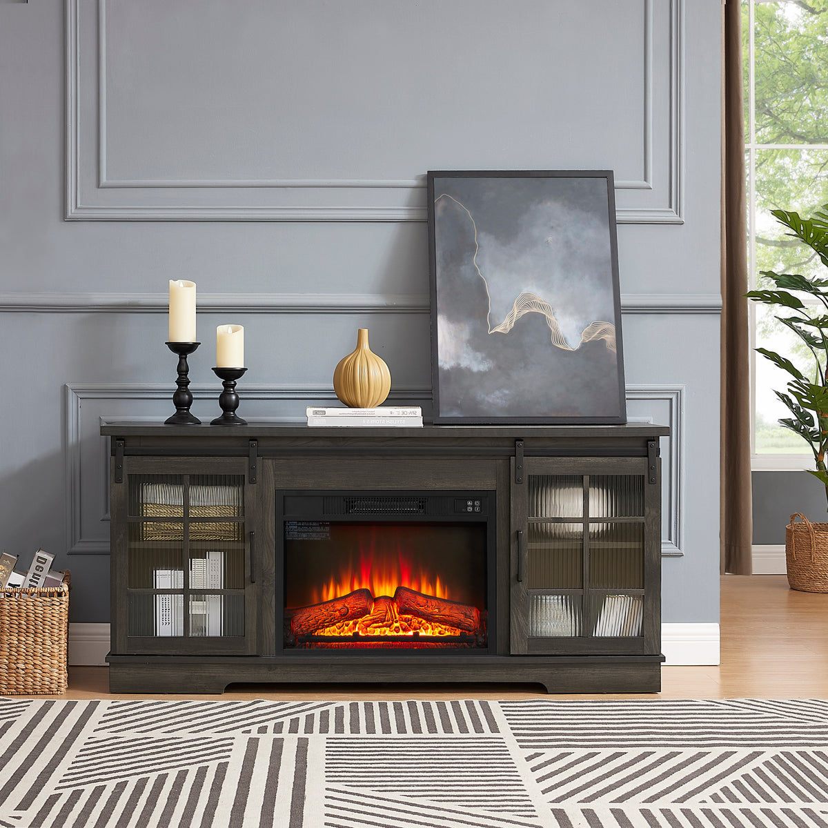 Nøordka Light TV Stand Default 60" Charcoal Gray Glass Sliding Door TV Stand For TVs Up to 65" with 23" Electric Fireplace