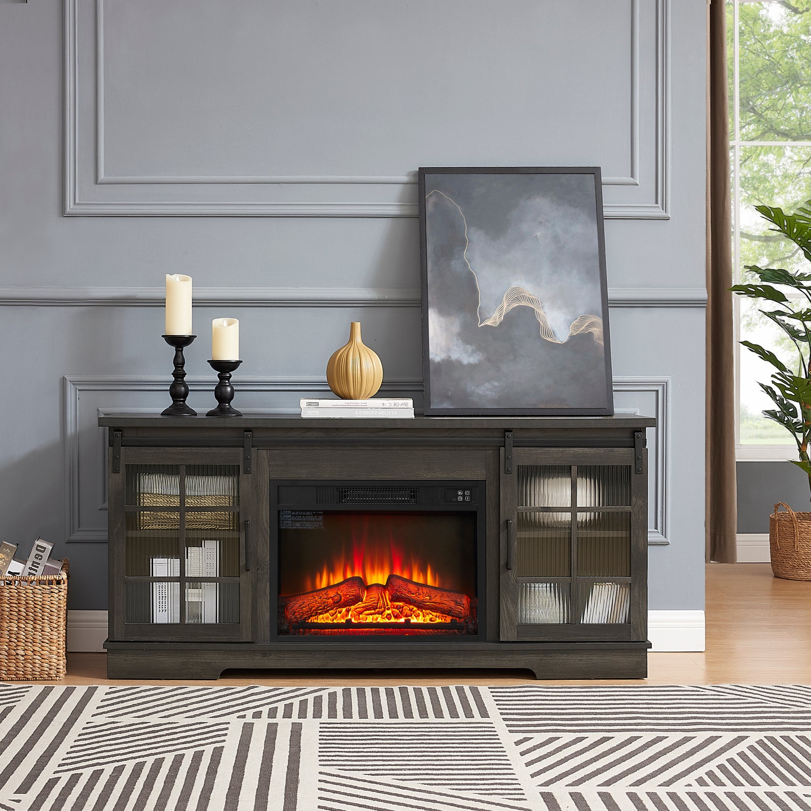 Nøordka Light TV Stand Default 60" Charcoal Gray Glass Sliding Door TV Stand For TVs Up to 65" with 23" Electric Fireplace