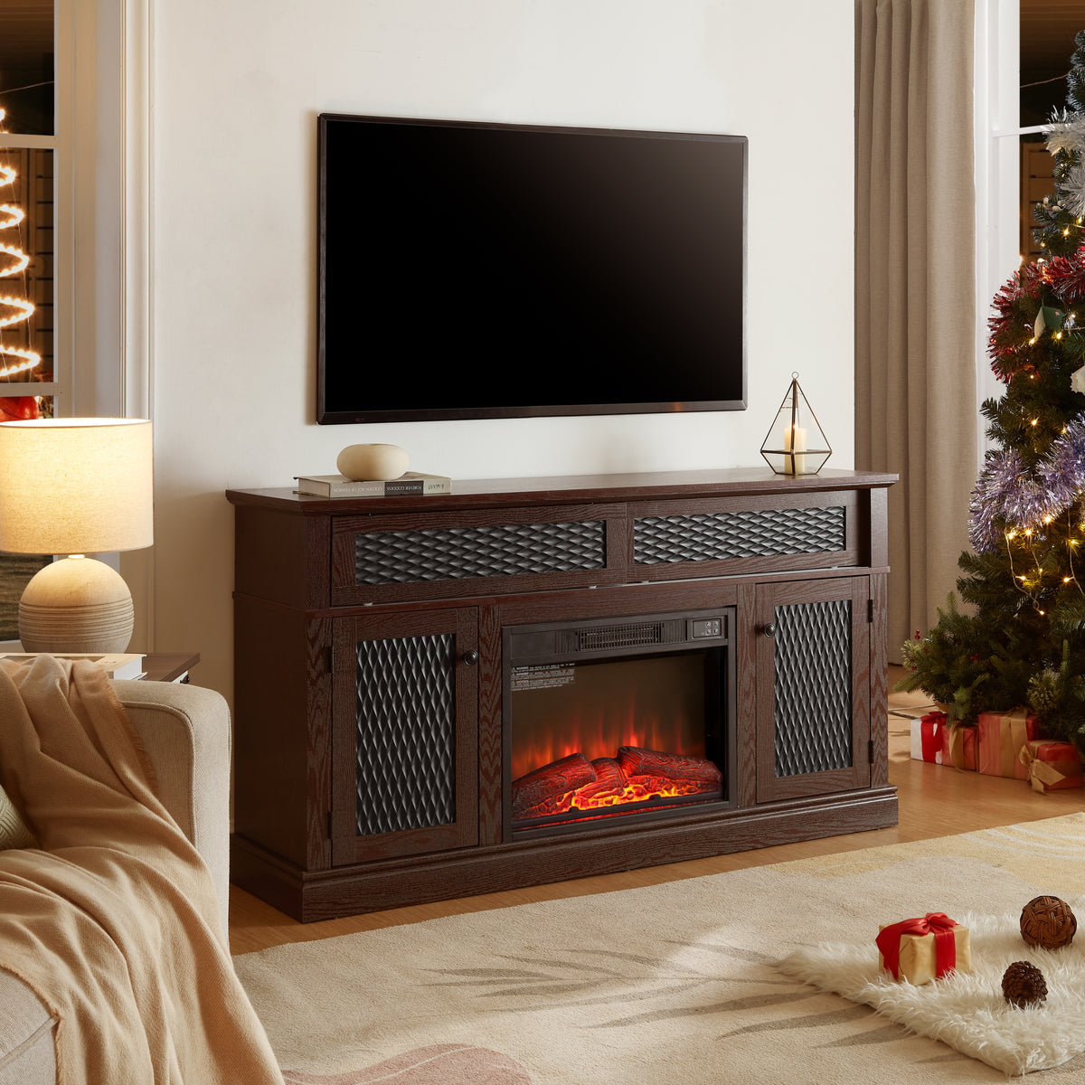 Nøordka Light TV Stand Default 60" Dark Cherry Embossed TV Stand With 23" Fireplace Insert fro TVs up to 65"