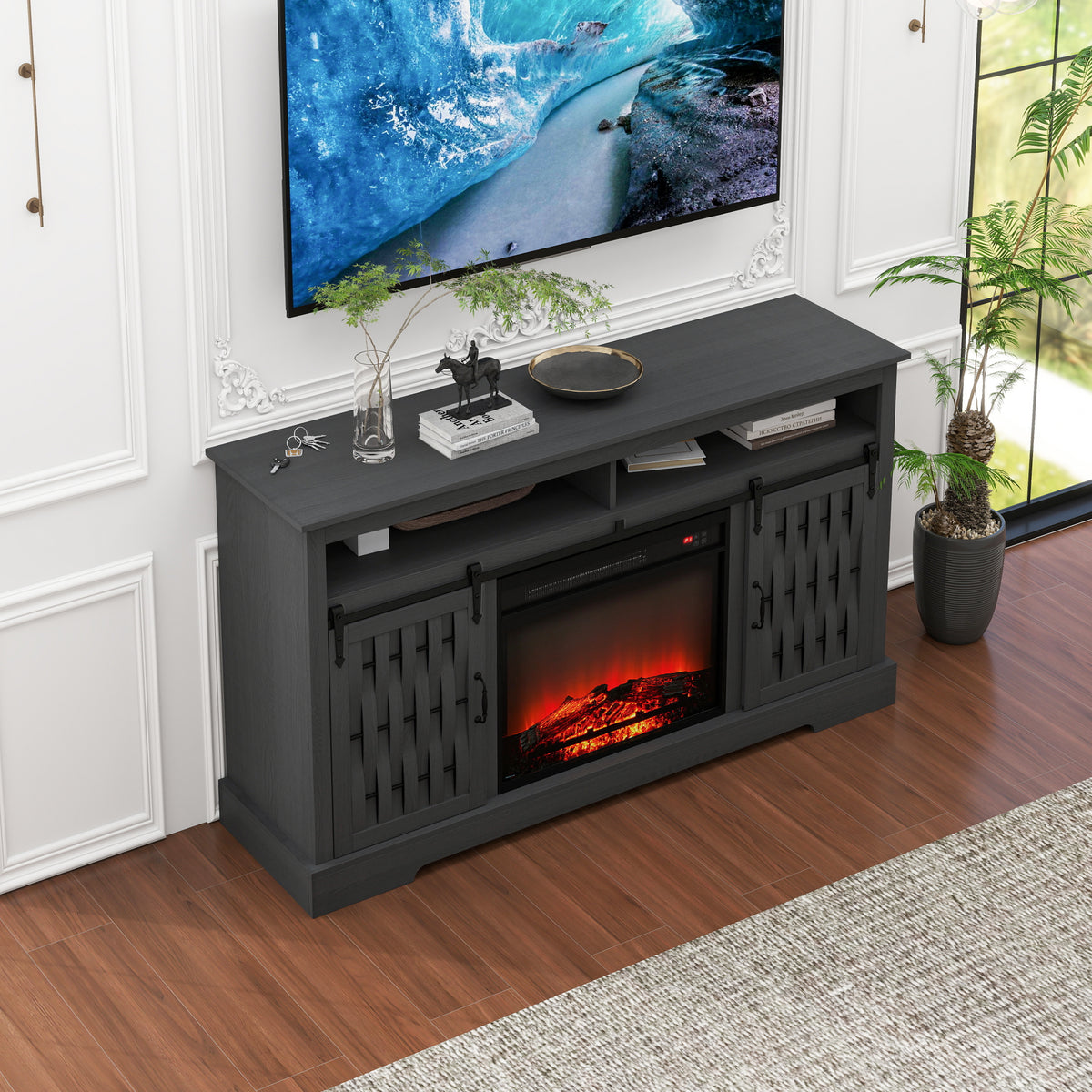 Nøordka Light TV Stand Default 60" Dark Gray Fireplace TV Stand for TVs Up to 65" with 23" Electric Fireplace