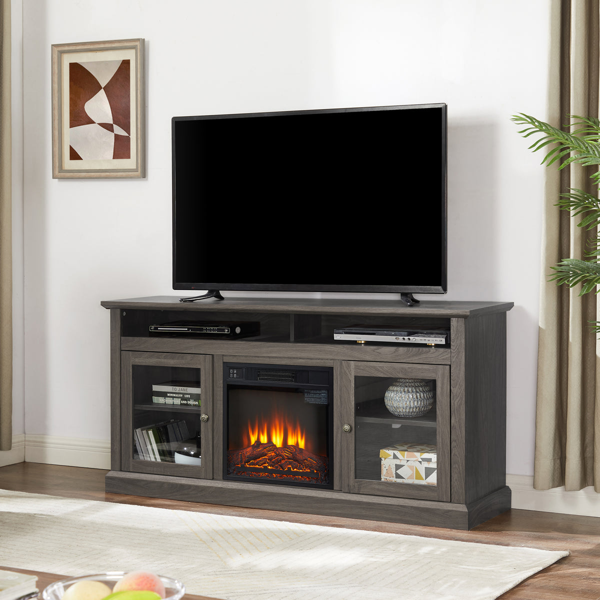 Nøordka Light TV Stand Default 60" Dark Walnut Retro TV Stand for TVs up to  65" with Fireplace