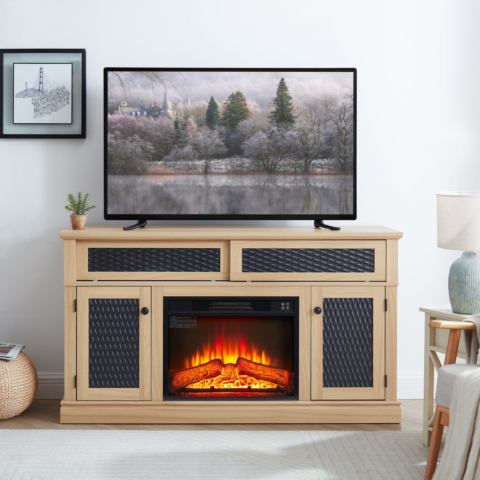 60" Light Oak Embossed Pattern TV Stand with 23-inch Fireplace Insert for TVs up to 65"