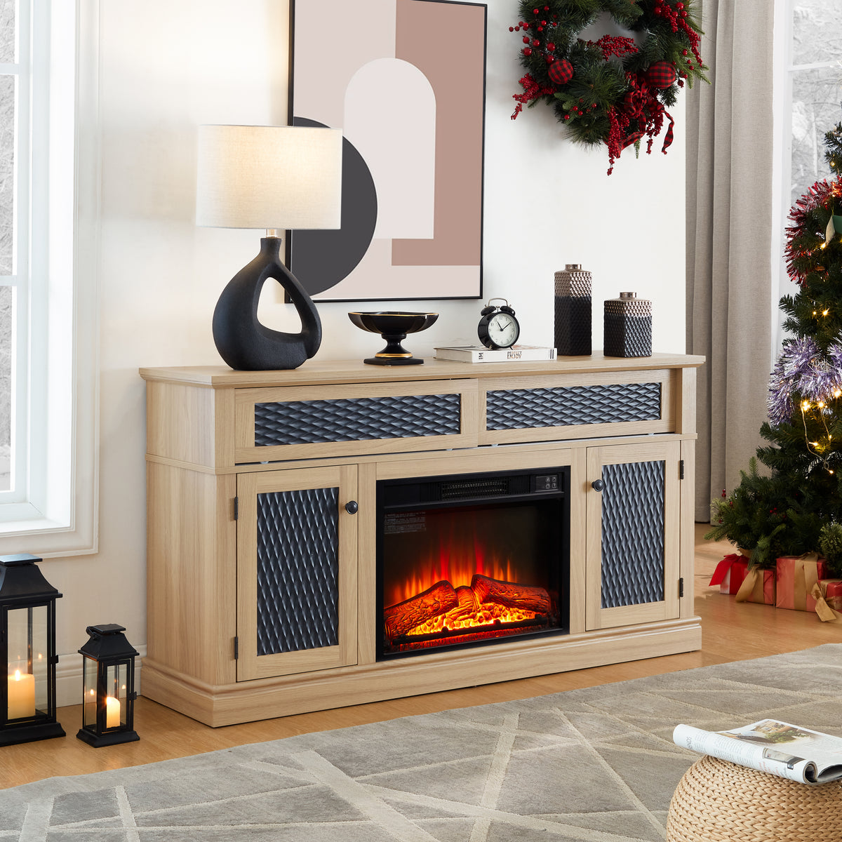 Nøordka Light TV Stand Default 60" Light Oak Embossed Pattern TV Stand with 23-inch Fireplace Insert for TVs up to 65"