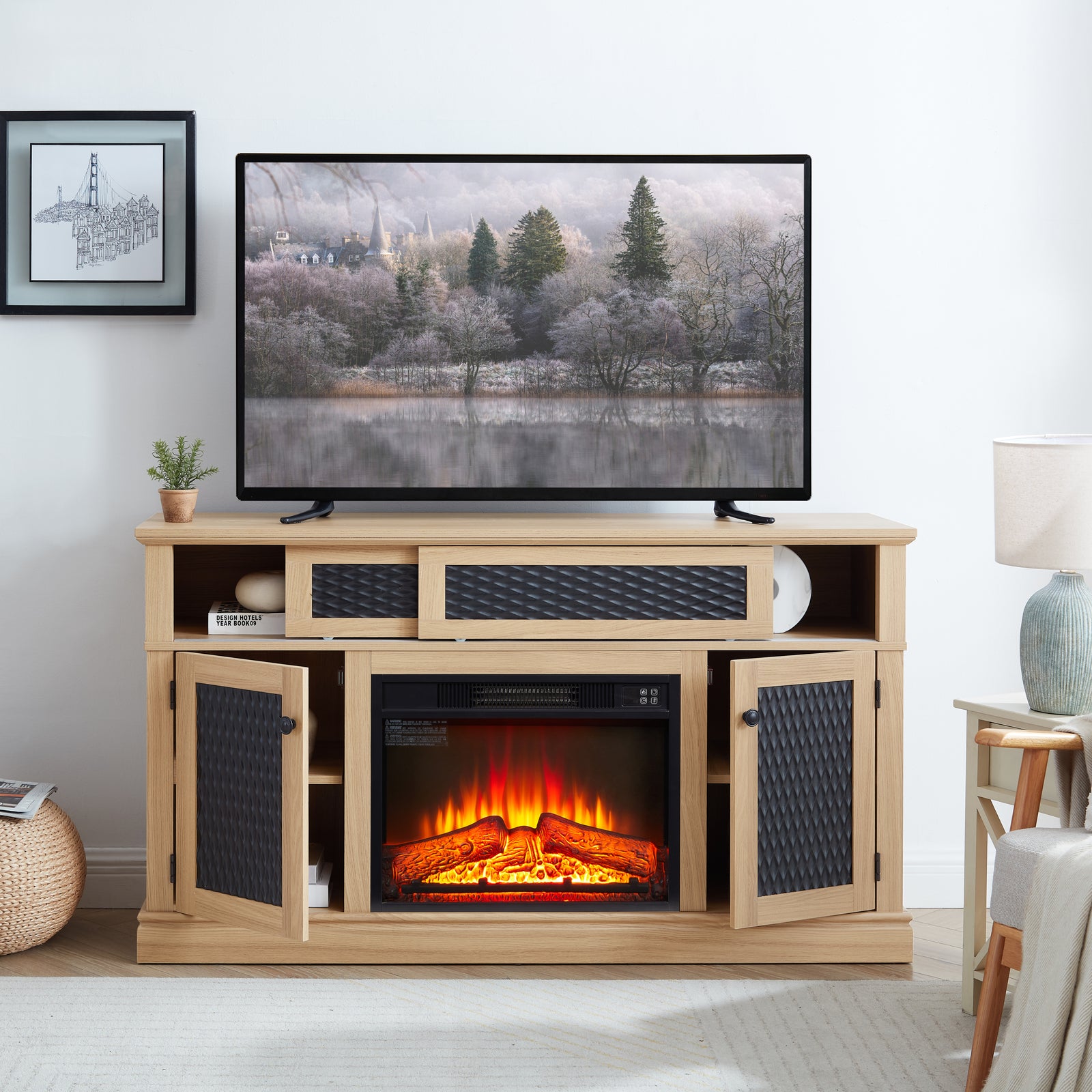 Nøordka Light TV Stand Default 60" Light Oak Embossed Pattern TV Stand with 23-inch Fireplace Insert for TVs up to 65"