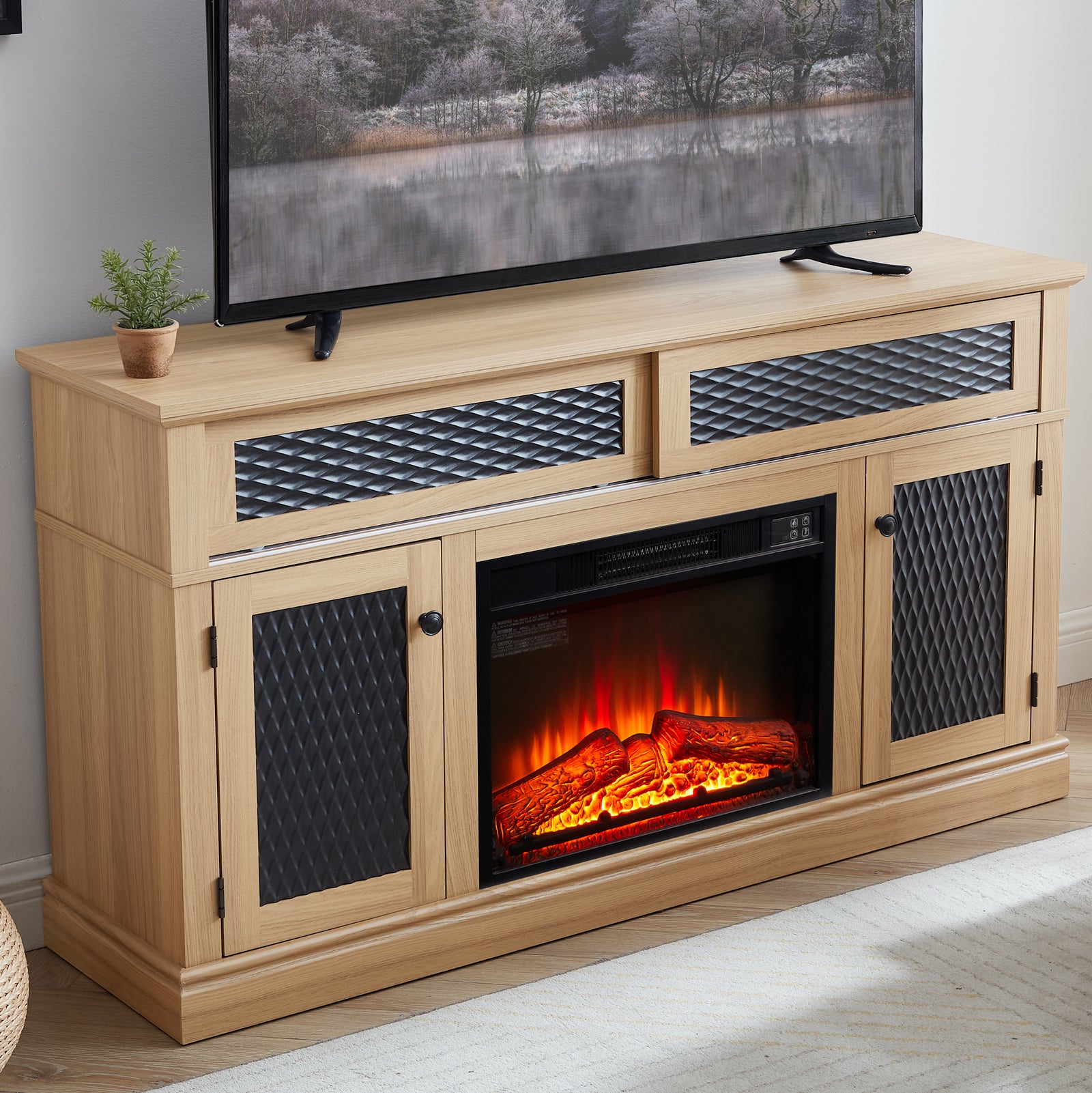 Nøordka Light TV Stand Default 60" Light Oak Embossed Pattern TV Stand with 23-inch Fireplace Insert for TVs up to 65"