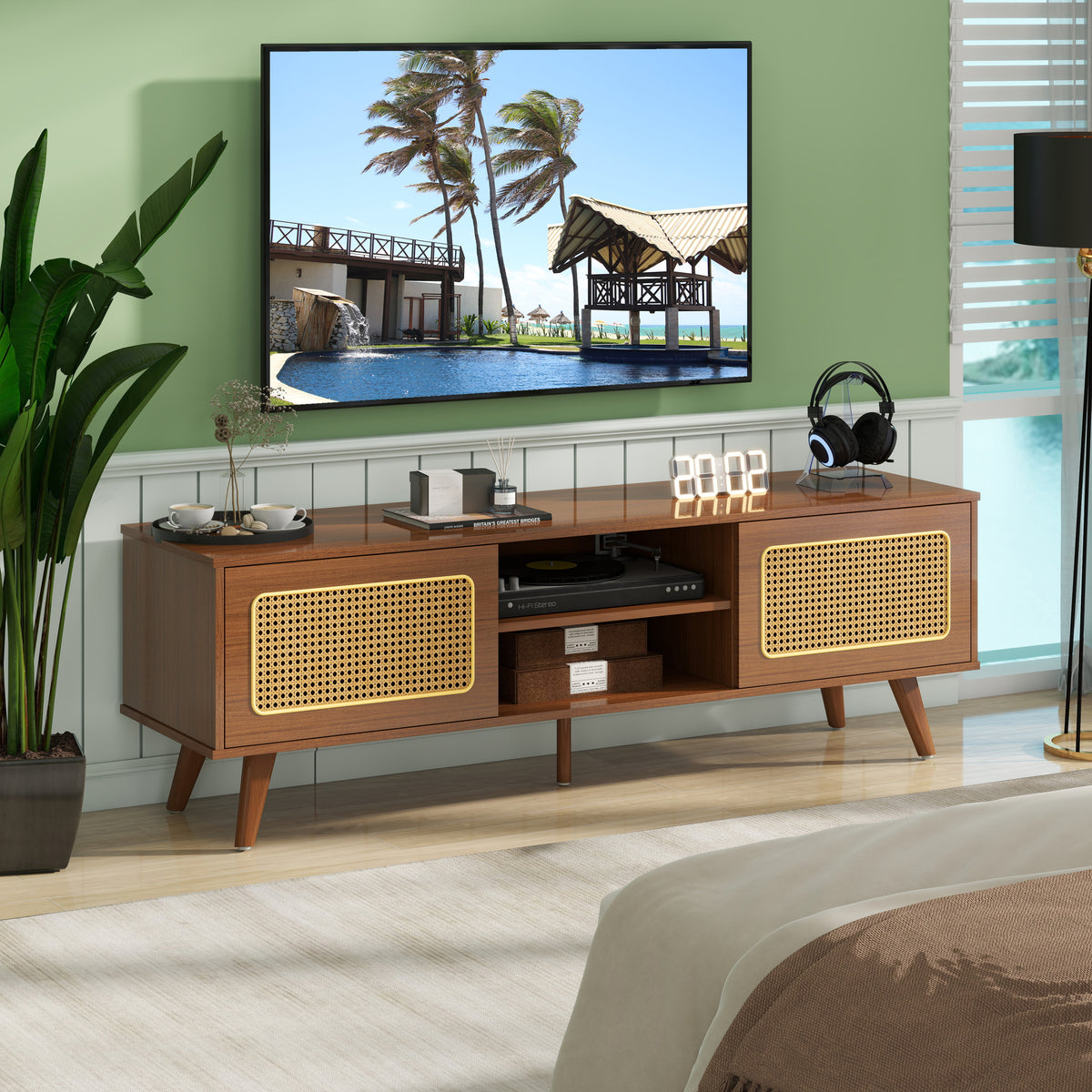 Nøordka Light TV Stand Default 60" Walnut Mid Century Modern Rattan TV Stand for 55-65" TVs