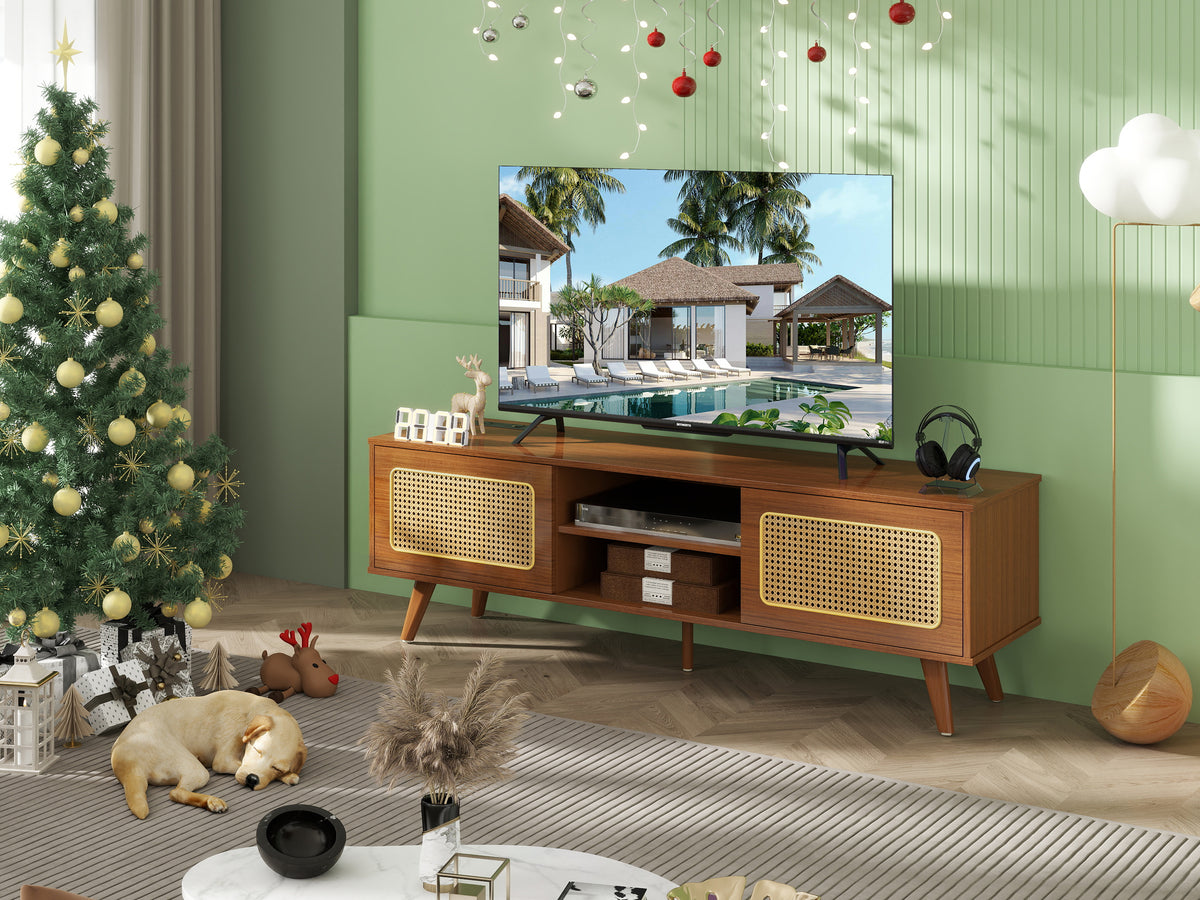Nøordka Light TV Stand Default 60" Walnut Mid Century Modern Rattan TV Stand for 55-65" TVs