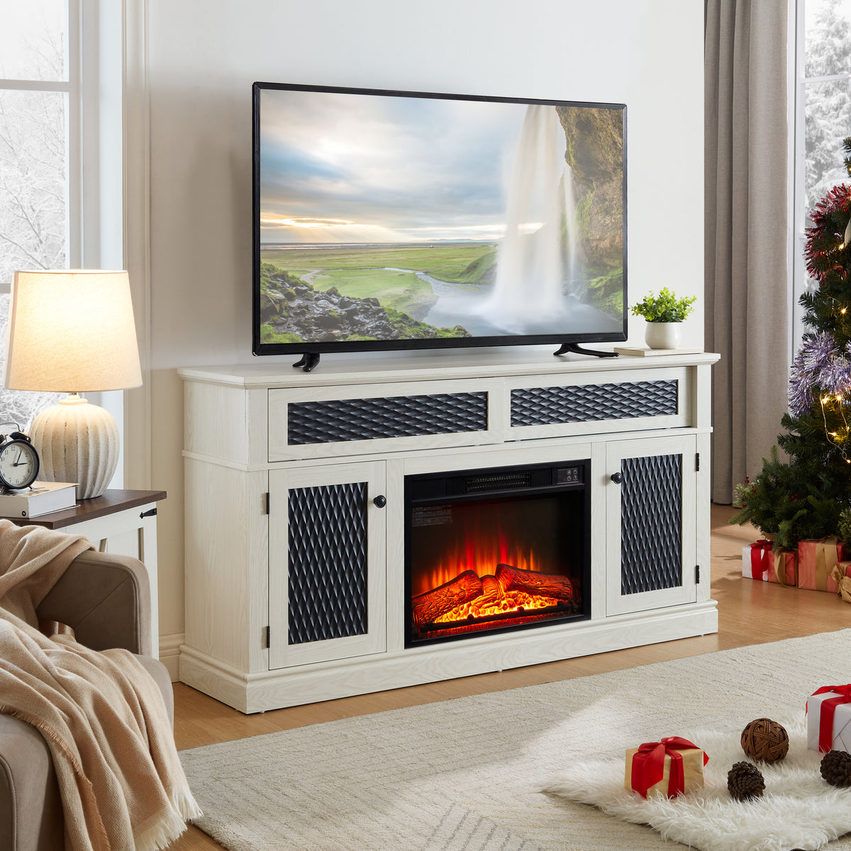 Nøordka Light TV Stand Default 60" White Embossed TV Stand with Fireplace Insert for TVs up to 65"
