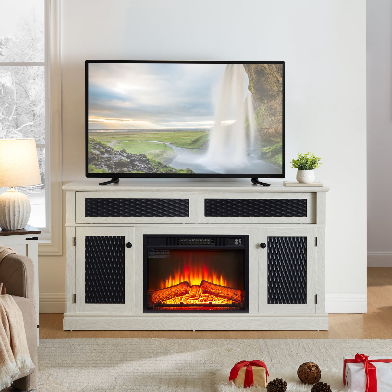 60" White Embossed TV Stand with Fireplace Insert for TVs up to 65"