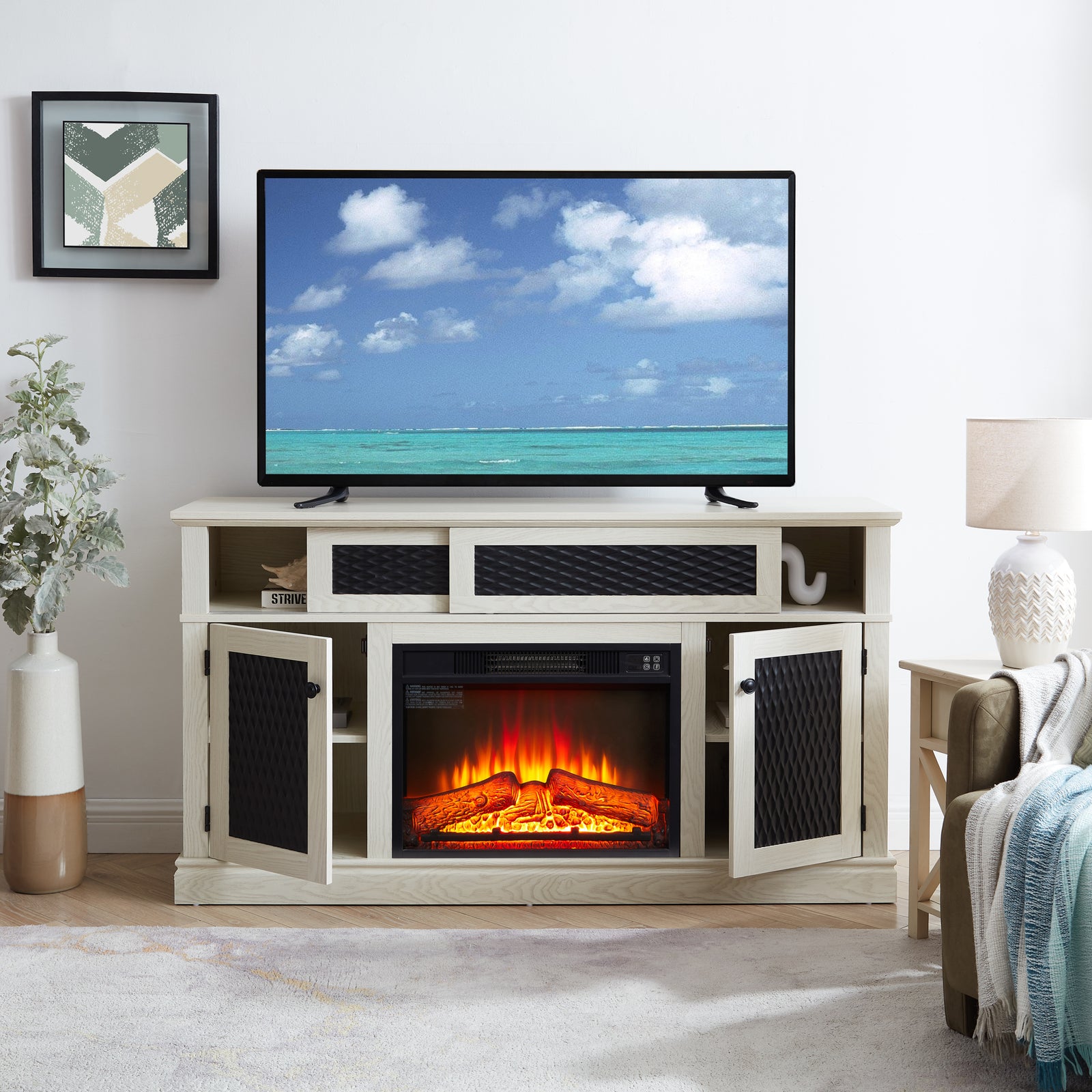 Nøordka Light TV Stand Default 60" White Embossed TV Stand with Fireplace Insert for TVs up to 65"