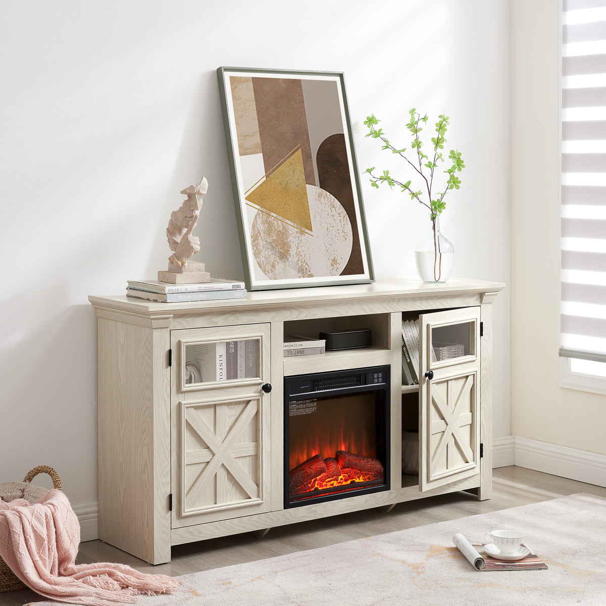 Nøordka Light TV Stand Default 60" White Farmhouse TV Stand with Electric Fireplace for TVs up to 65"