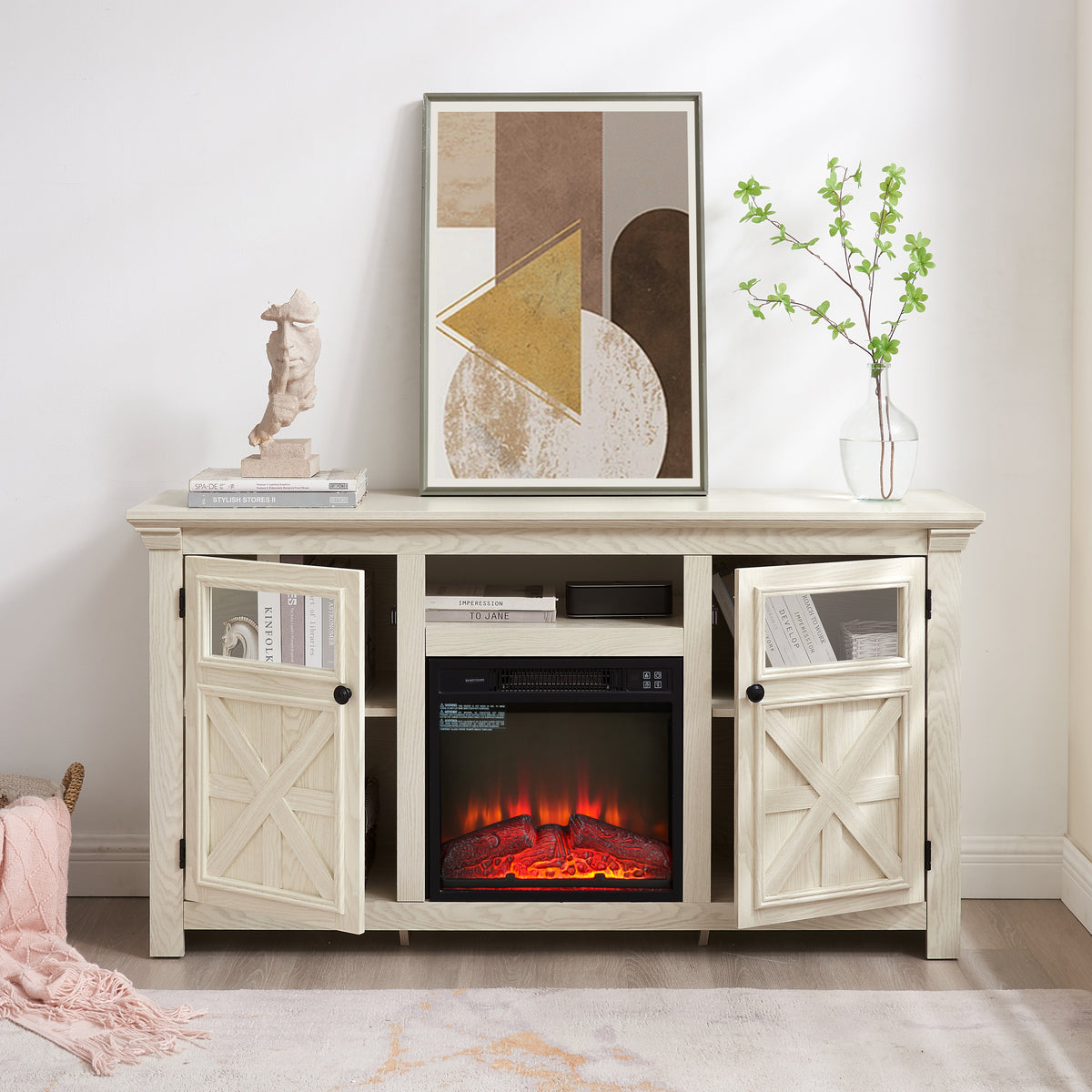 Nøordka Light TV Stand Default 60" White Farmhouse TV Stand with Electric Fireplace for TVs up to 65"