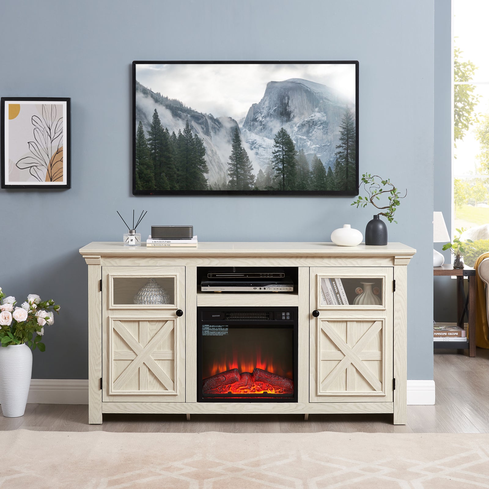 Nøordka Light TV Stand Default 60" White Farmhouse TV Stand with Electric Fireplace for TVs up to 65"