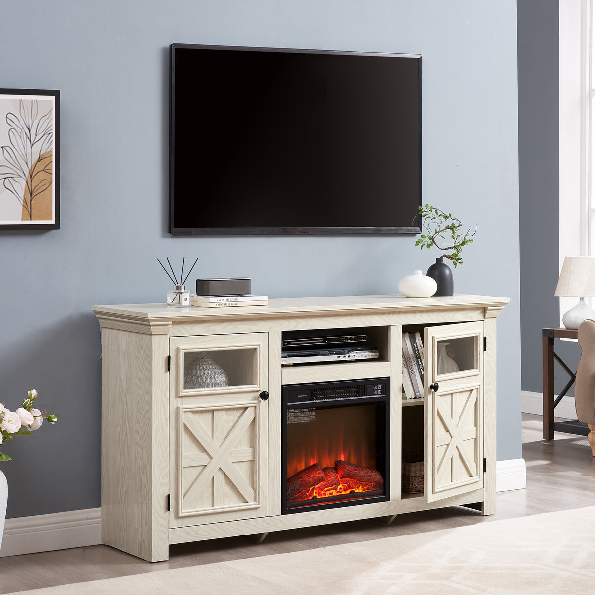 Nøordka Light TV Stand Default 60" White Farmhouse TV Stand with Electric Fireplace for TVs up to 65"