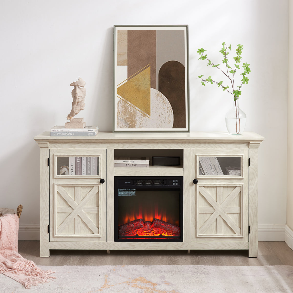 Nøordka Light TV Stand Default 60" White Farmhouse TV Stand with Electric Fireplace for TVs up to 65"