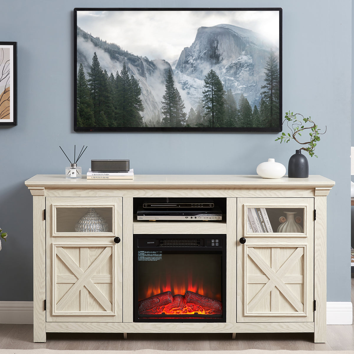 Nøordka Light TV Stand Default 60" White Farmhouse TV Stand with Electric Fireplace for TVs up to 65"