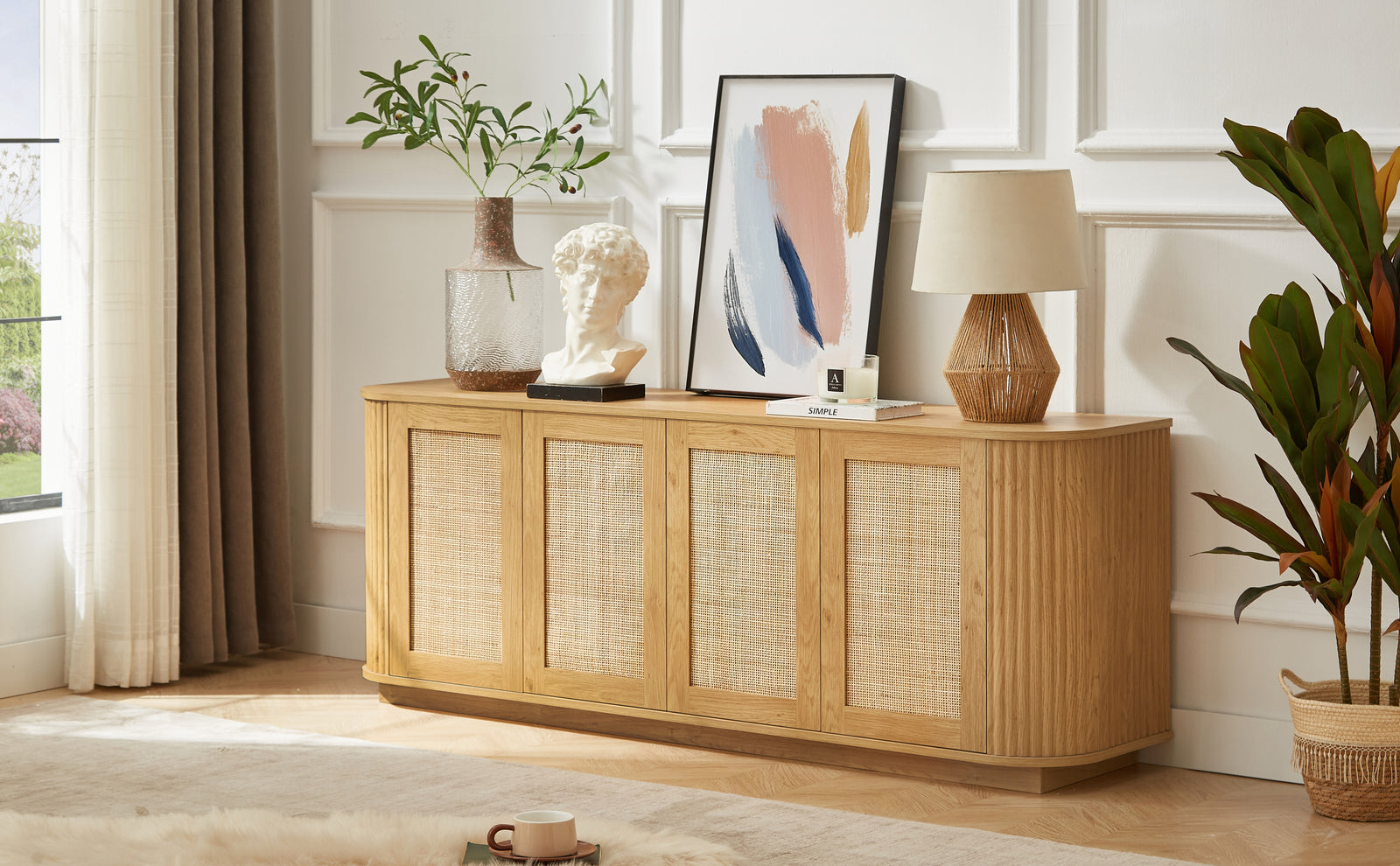 Nøordka Light TV Stand Default 64" Wave Shaped Wood TV Stand with Storage Cabinet & Rattan Doors