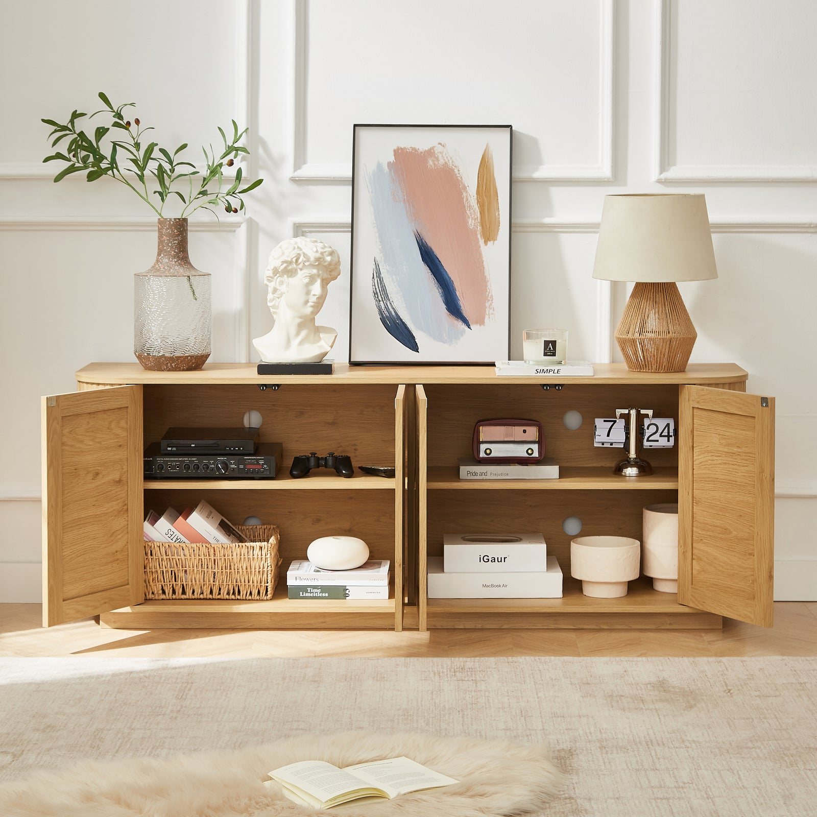 Nøordka Light TV Stand Default 64" Wave Shaped Wood TV Stand with Storage Cabinet & Rattan Doors